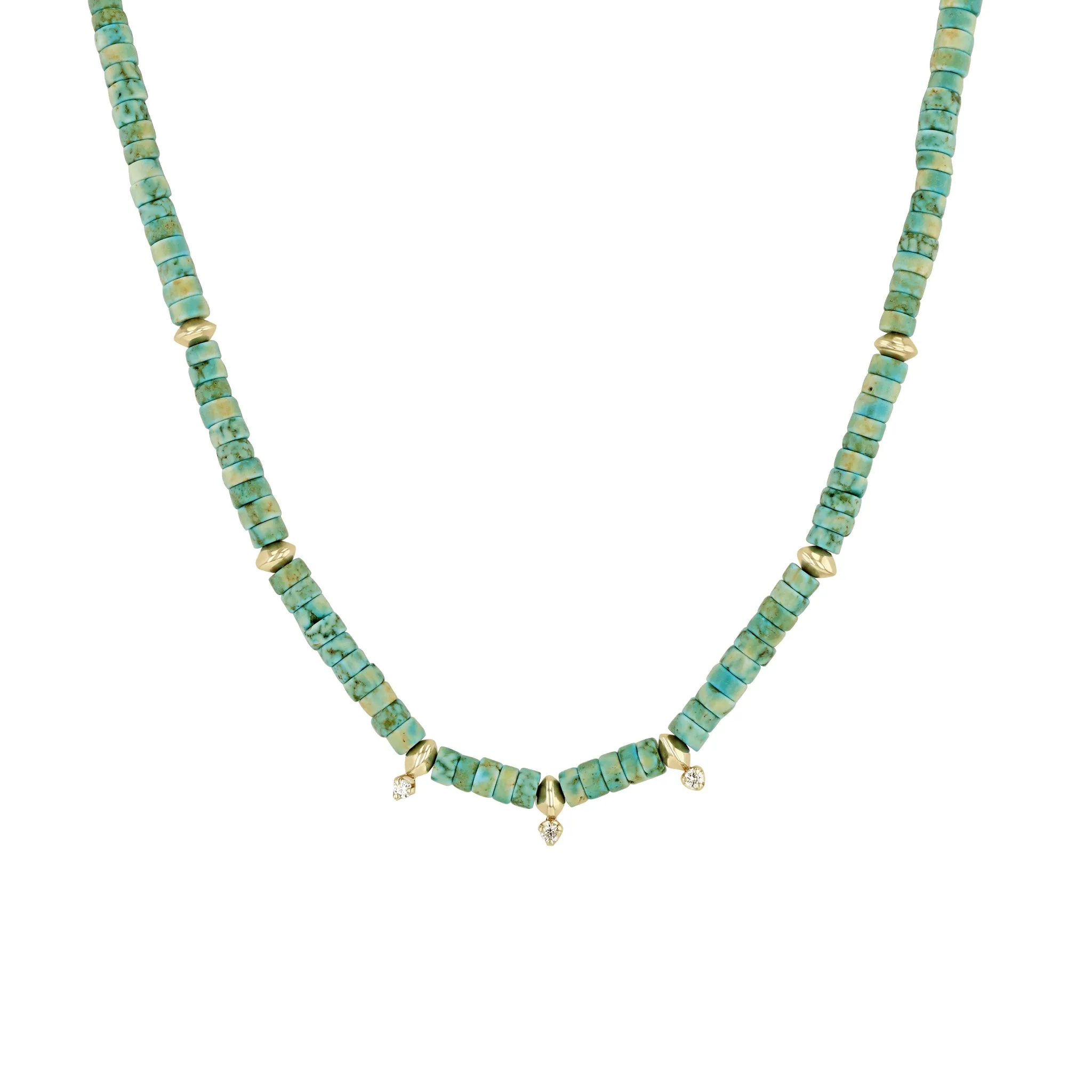 14k Gold & Light Turquoise Heishi Bead Necklace with 3 Prong Diamonds sold by Zoe Chicco