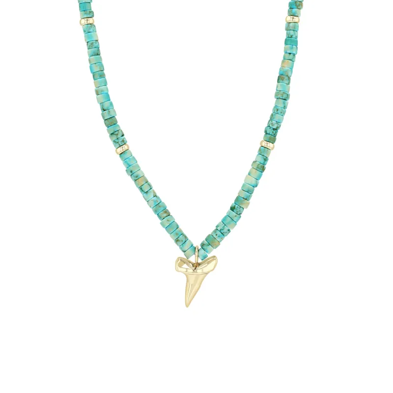 14k Gold & Light Turquoise Heishi Bead Shark Tooth Necklace sold by Zoe Chicco