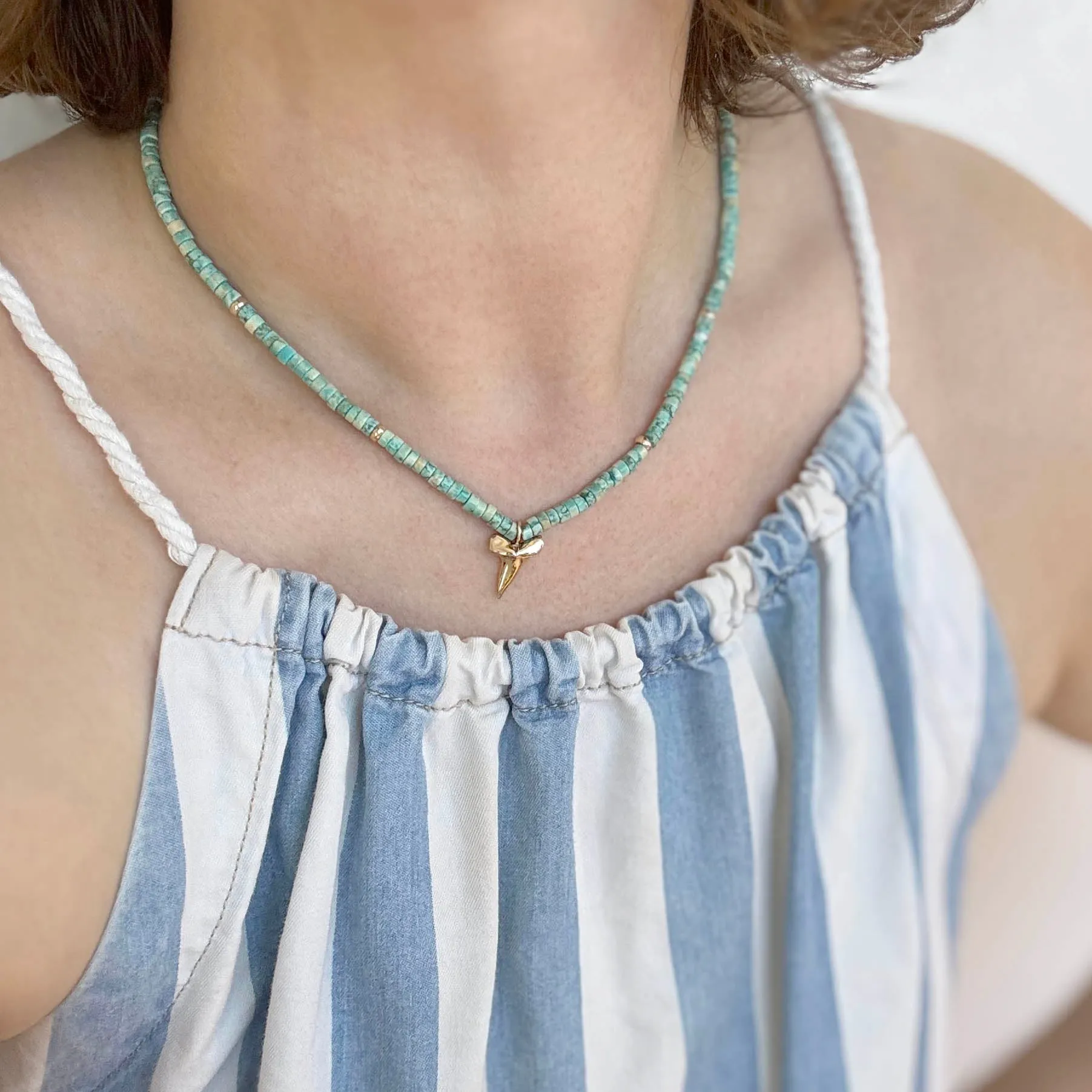 14k Gold & Light Turquoise Heishi Bead Shark Tooth Necklace sold by Zoe Chicco product image thumbnail 2