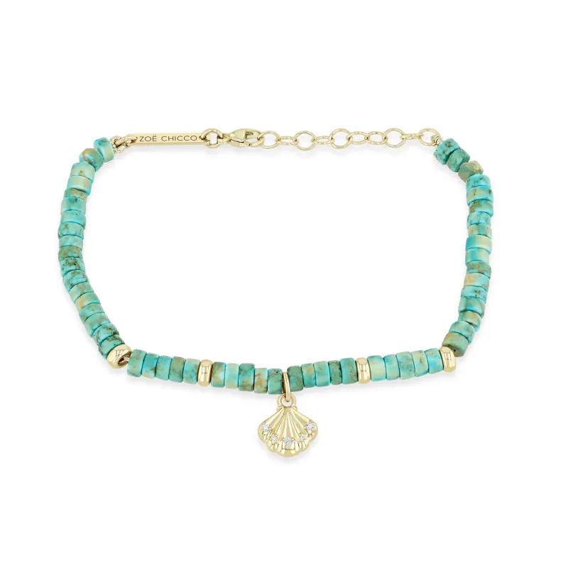 14k Gold & Light Turquoise Heishi Bead Seashell Charm Bracelet sold by Zoe Chicco