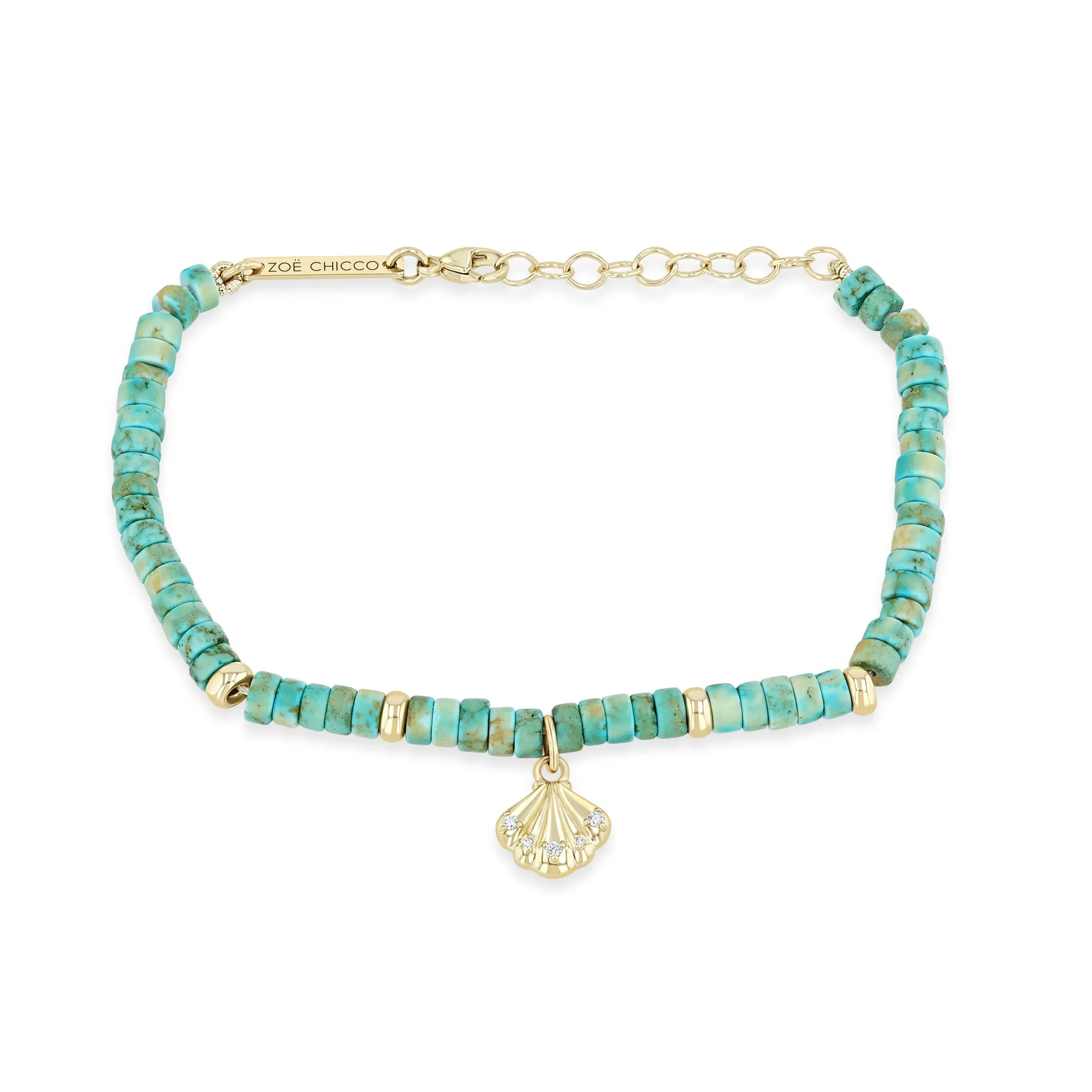 14k Gold & Light Turquoise Heishi Bead Seashell Charm Bracelet sold by Zoe Chicco