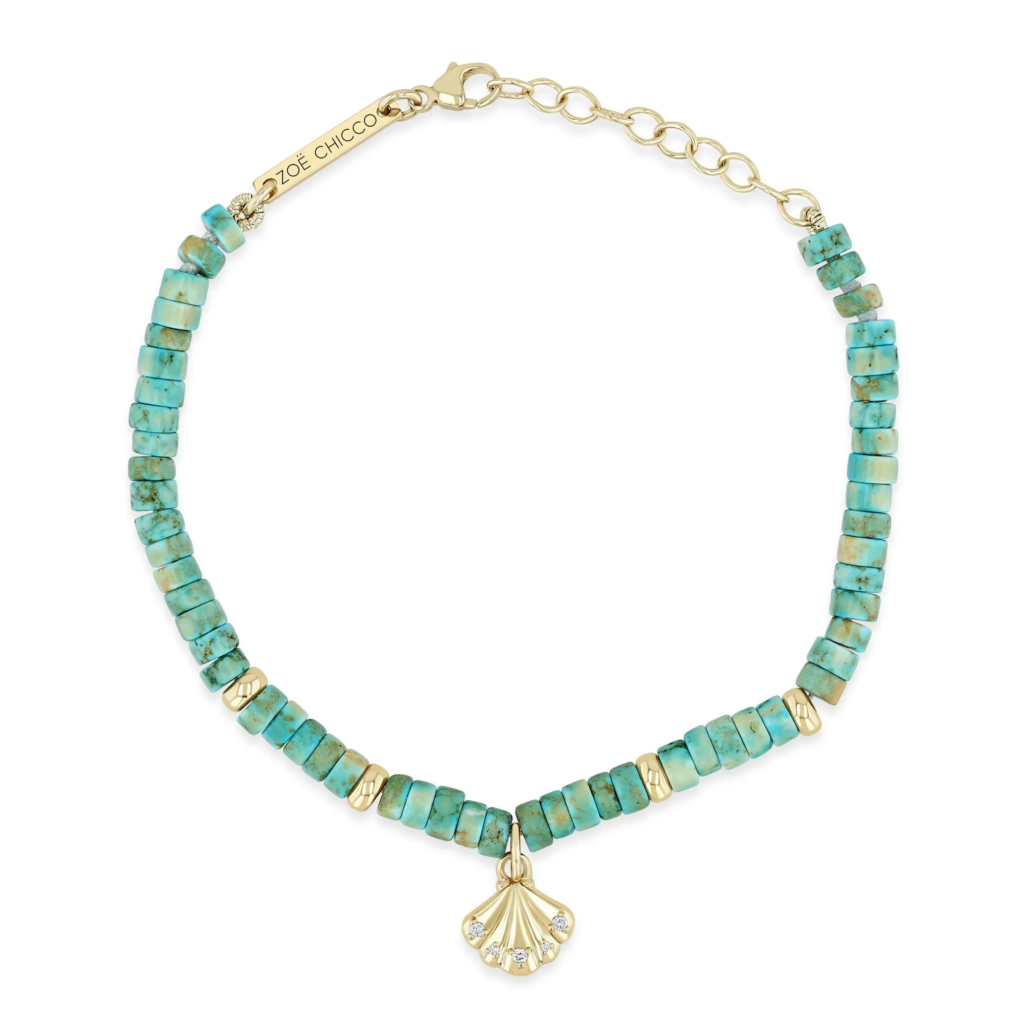 14k Gold & Light Turquoise Heishi Bead Seashell Charm Bracelet sold by Zoe Chicco product image thumbnail 5