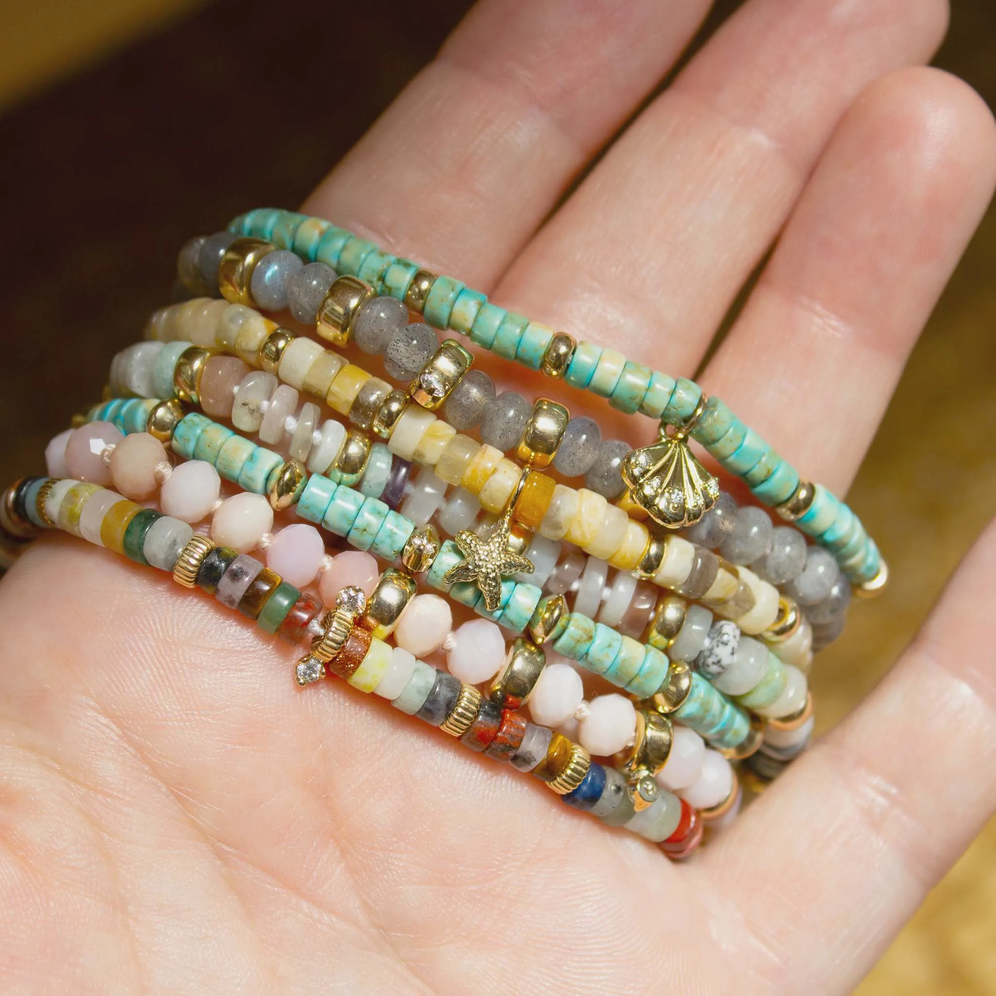 14k Gold & Sandy Feldspar Mixed Heishi Bead Starfish Charm Bracelet sold by Zoe Chicco product image thumbnail 4