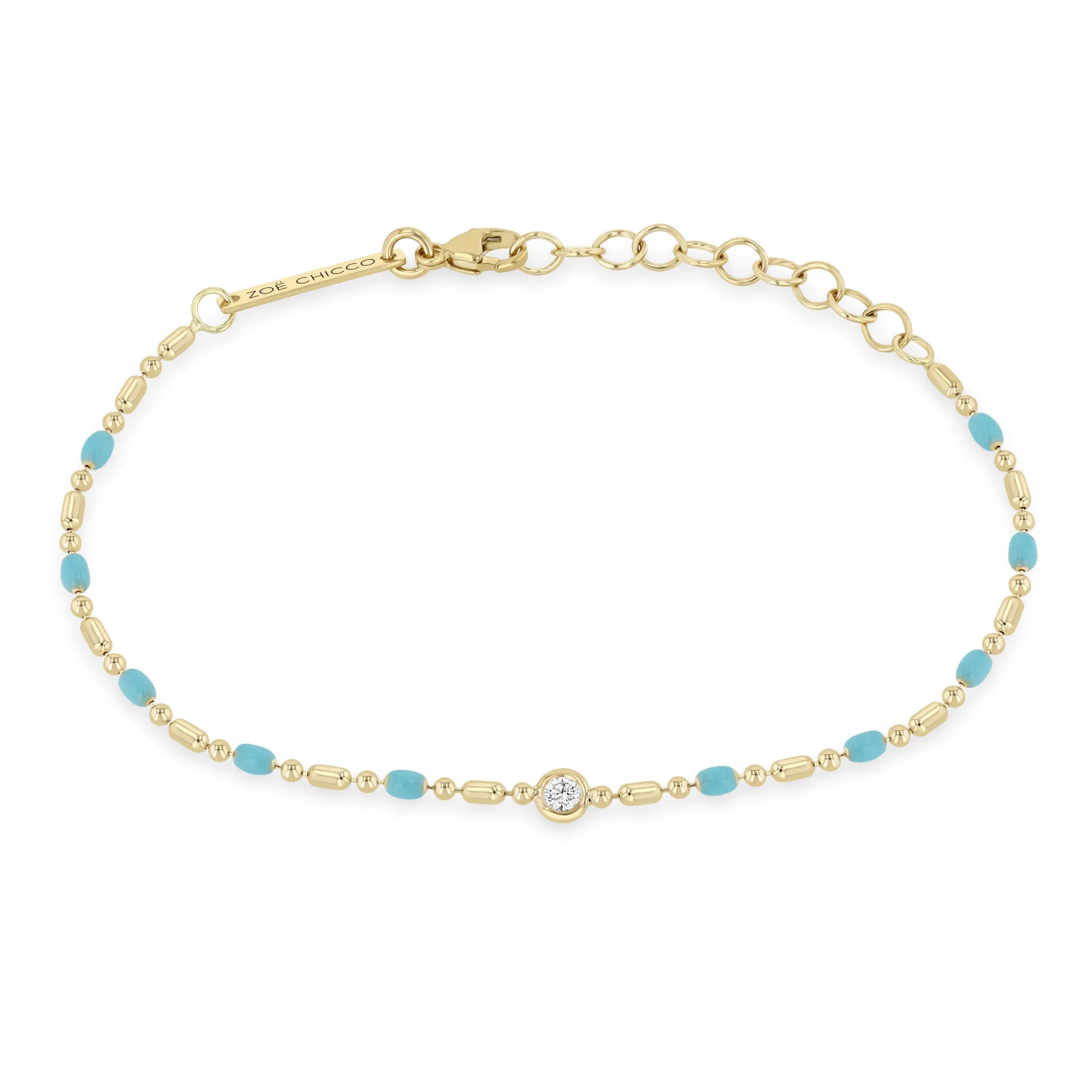 14k Floating Diamond Gold & Turquoise Enamel Tube Bar Chain Bracelet sold by Zoe Chicco
