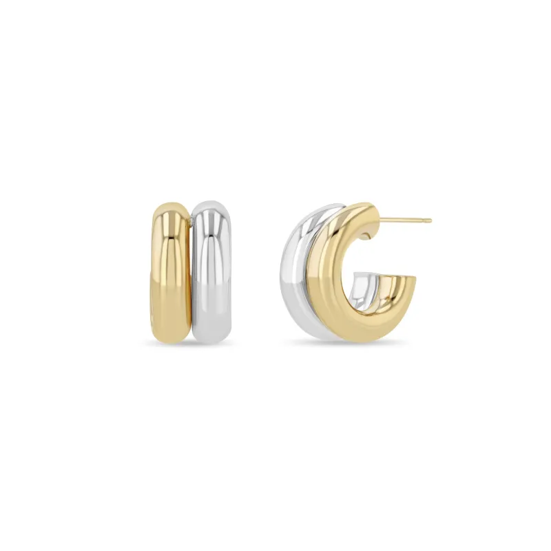 14k Two Tone Gold Double Tube Huggie Hoops sold by Zoe Chicco