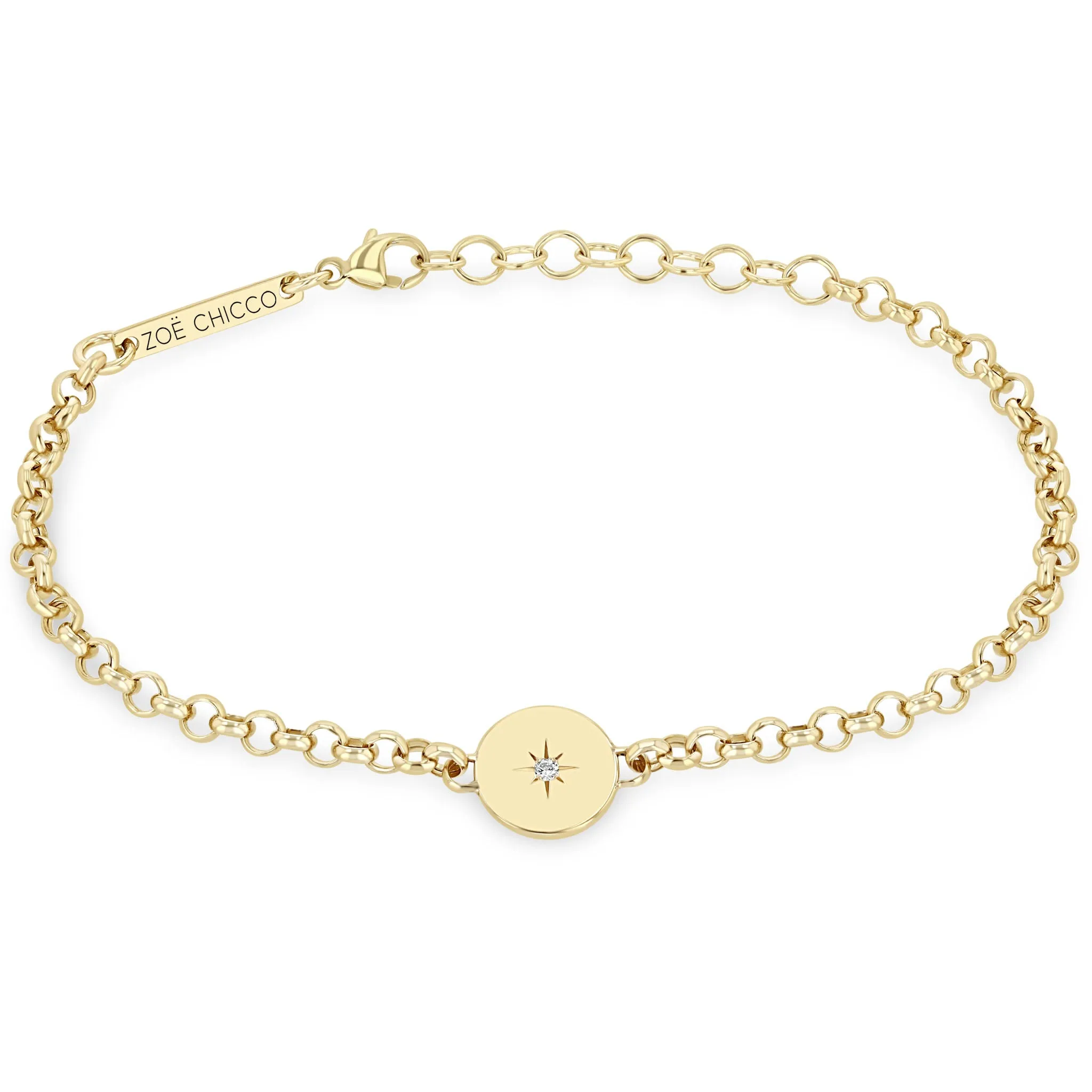 14k Star Set Diamond Disc Rolo Chain Bracelet sold by Zoe Chicco
