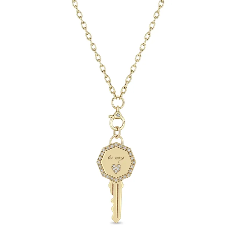 14k Pavé Diamond Key to my Heart Pendant Diamond Clasp Drop Necklace sold by Zoe Chicco