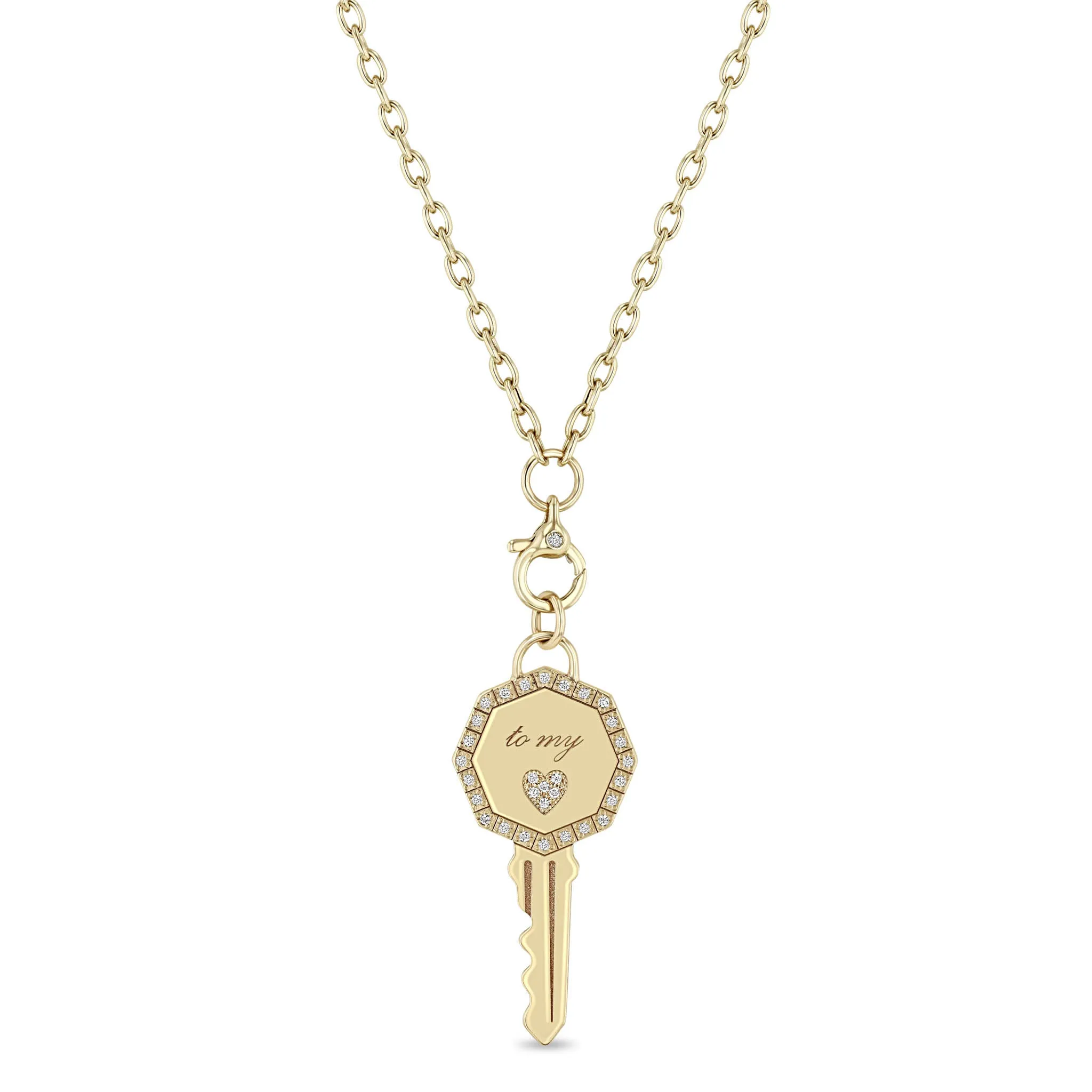 14k Pavé Diamond Key to my Heart Pendant Diamond Clasp Drop Necklace sold by Zoe Chicco