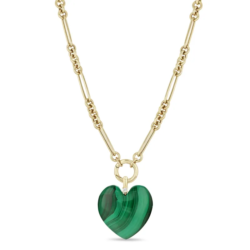 14k Large Malachite Heart Pendant Mixed Paperclip Rolo Chain Necklace sold by Zoe Chicco
