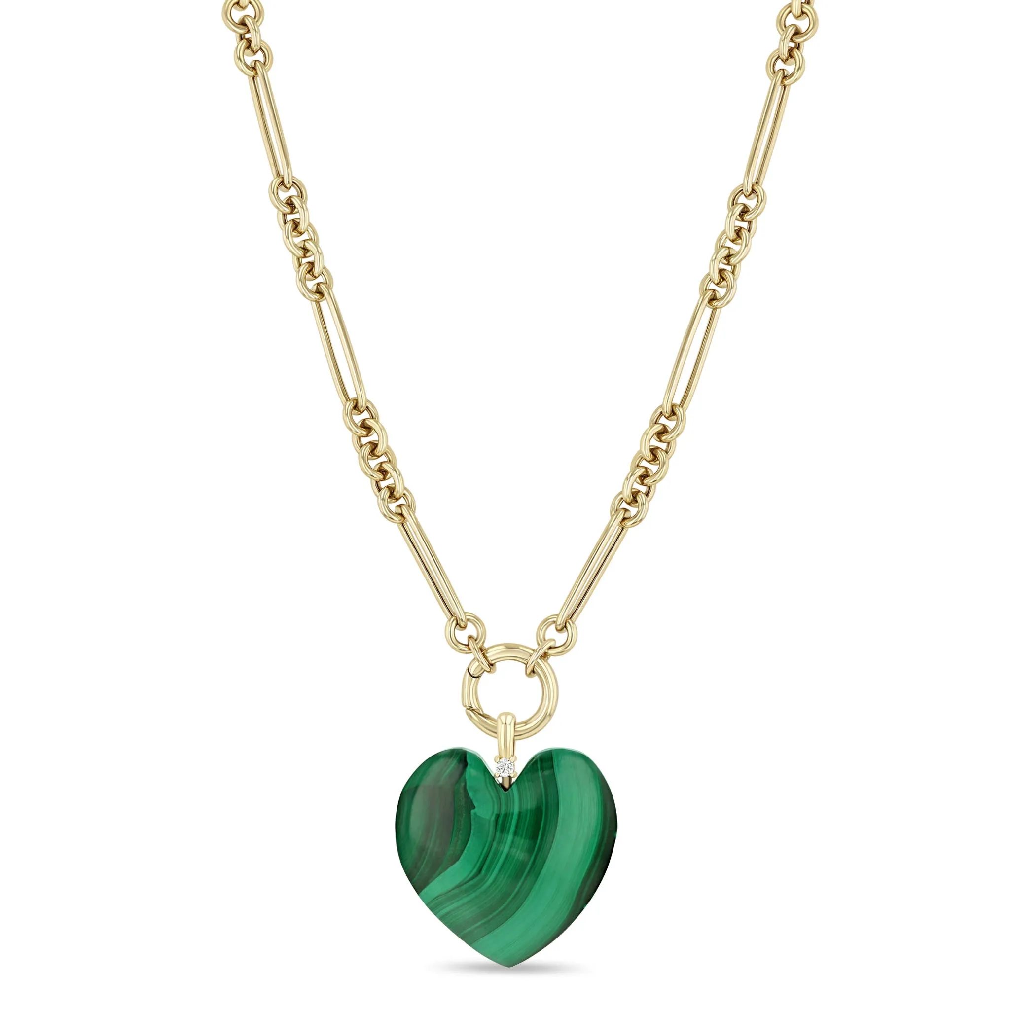 14k Large Malachite Heart Pendant Mixed Paperclip Rolo Chain Necklace sold by Zoe Chicco