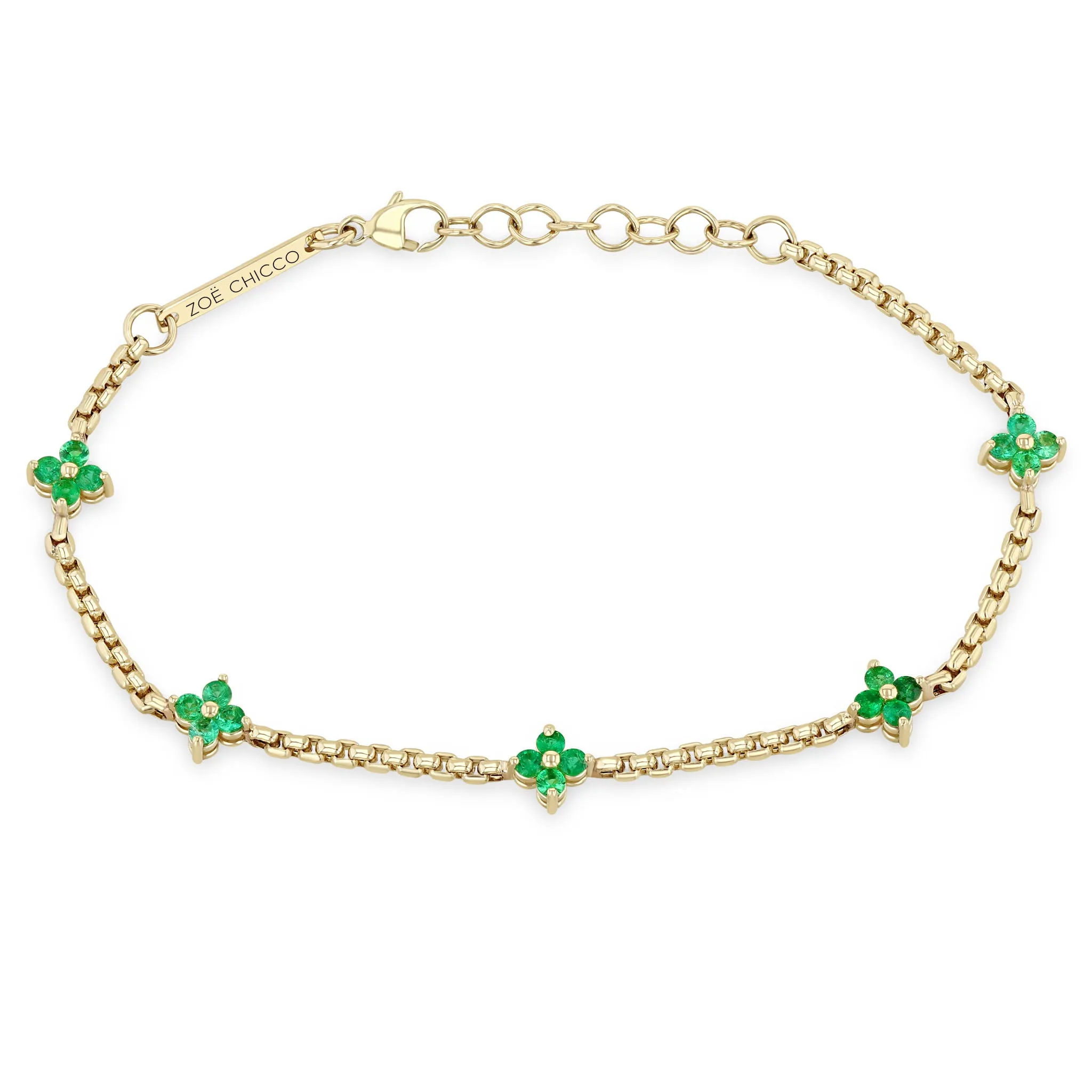 14k Prong Emerald Quad Station Box Chain Bracelet sold by Zoe Chicco