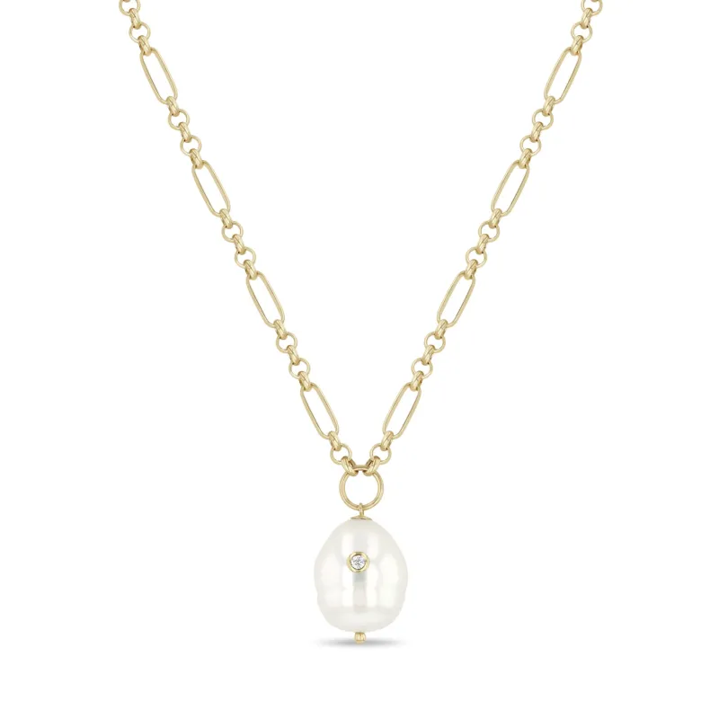 14k Diamond Baroque Pearl Paperclip Rolo Chain Necklace sold by Zoe Chicco