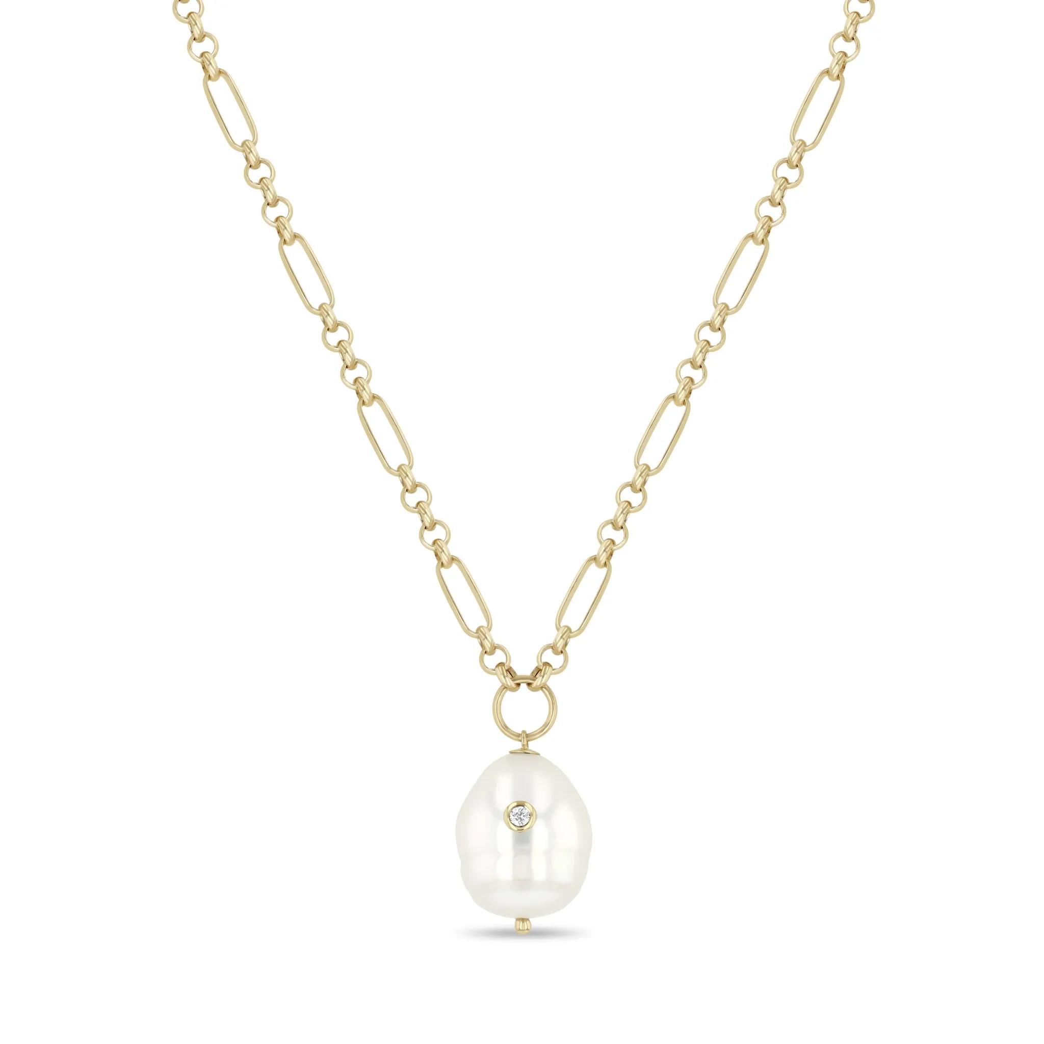 14k Diamond Baroque Pearl Paperclip Rolo Chain Necklace sold by Zoe Chicco