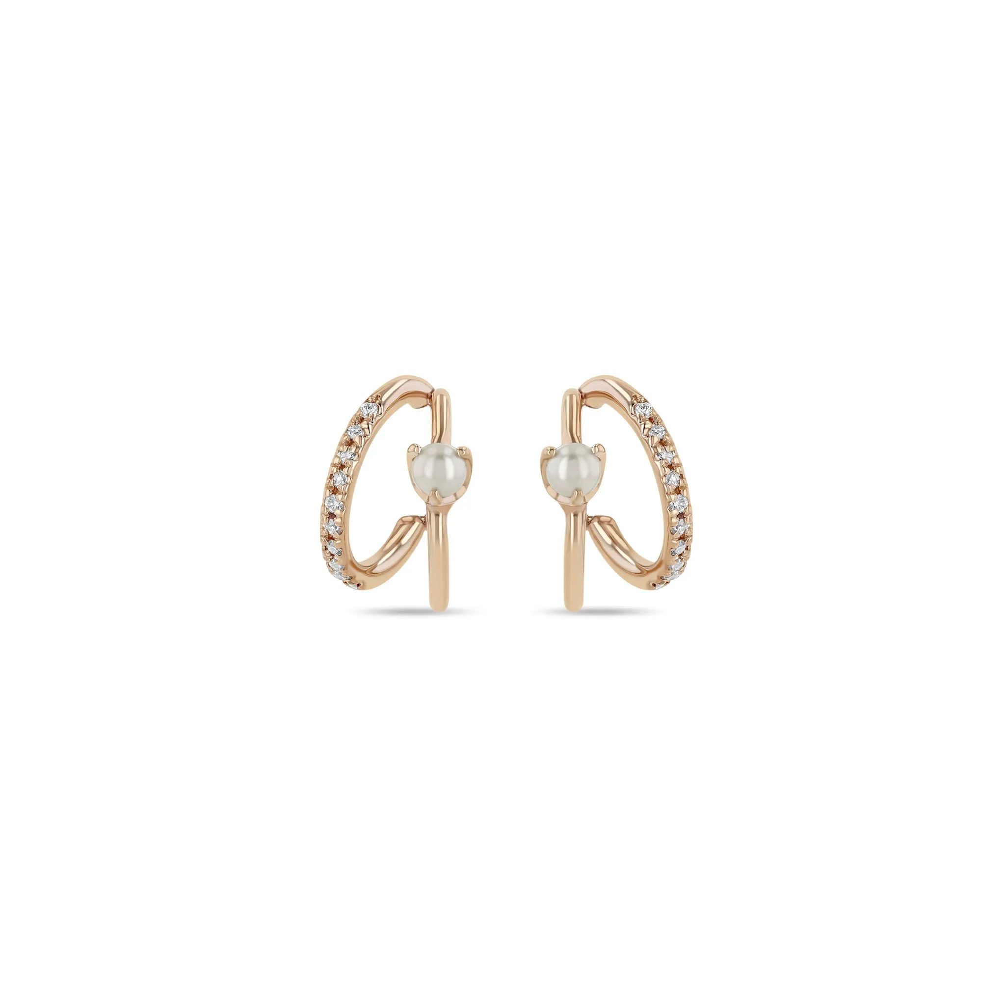 14k Pearl & Pavé Diamond Angled Double Wire Huggie Hoops sold by Zoe Chicco product image thumbnail 3