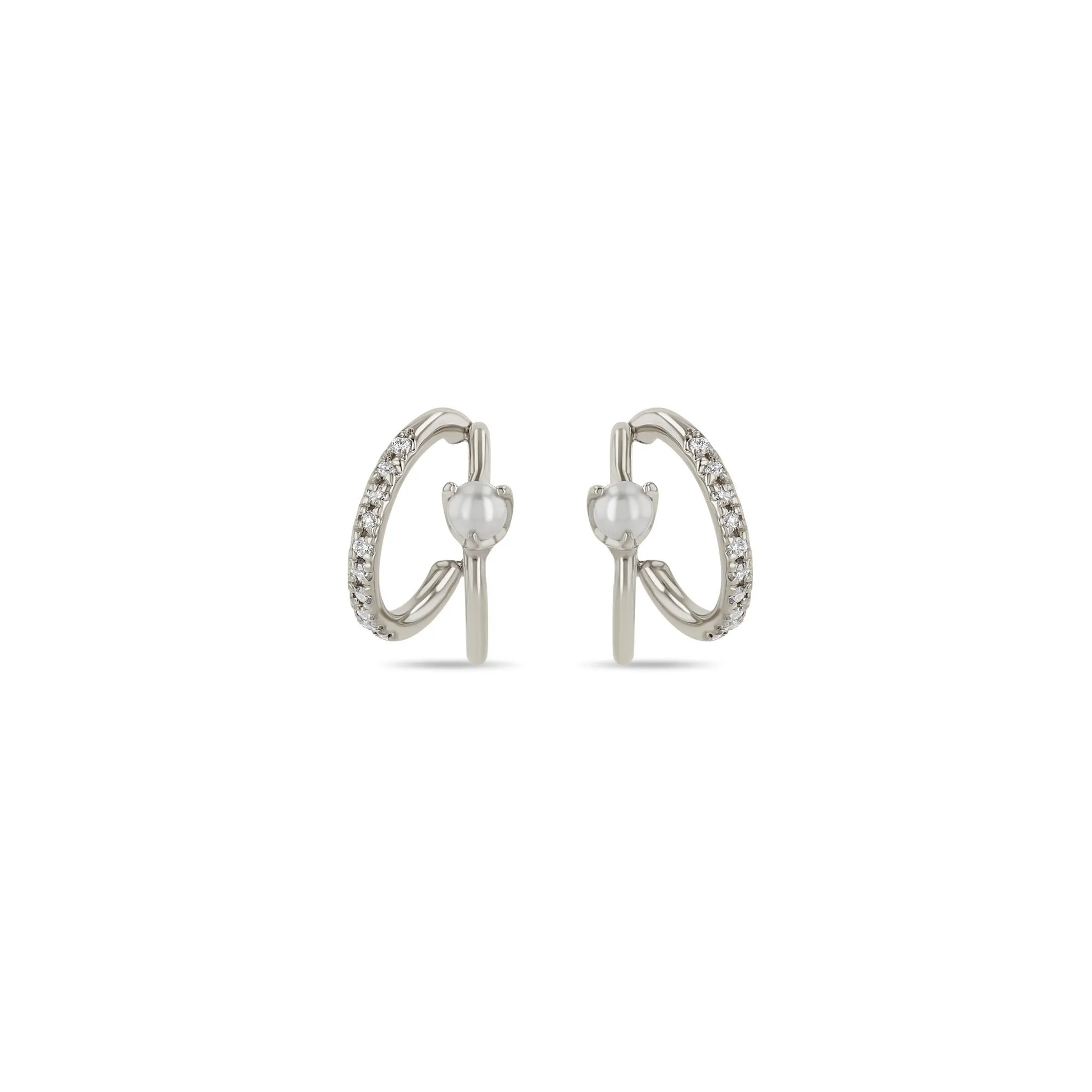 14k Pearl & Pavé Diamond Angled Double Wire Huggie Hoops sold by Zoe Chicco product image thumbnail 4