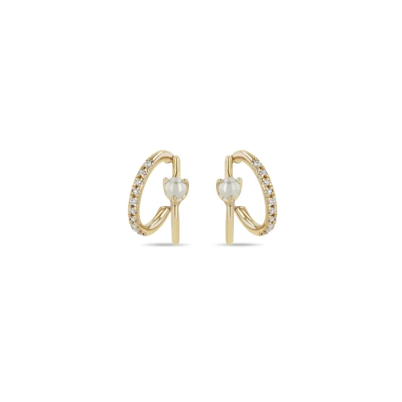 14k Pearl & Pavé Diamond Angled Double Wire Huggie Hoops sold by Zoe Chicco
