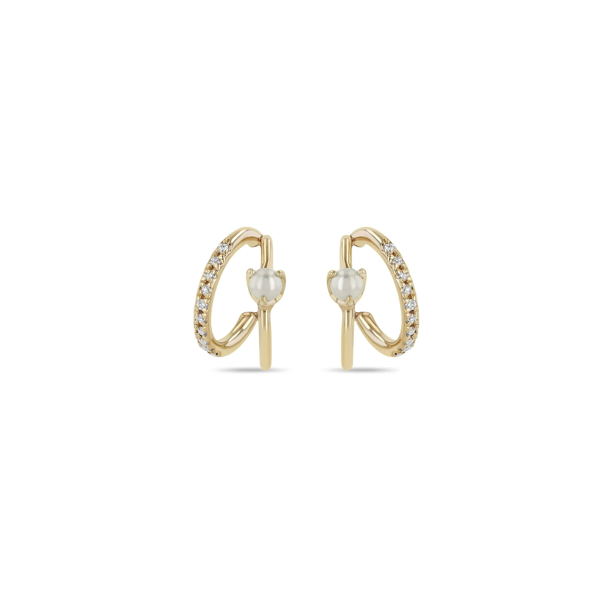 14k Pearl & Pavé Diamond Angled Double Wire Huggie Hoops sold by Zoe Chicco