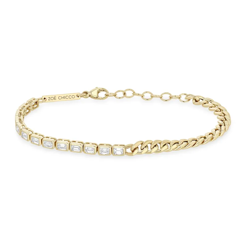 14k Curb Chain & Emerald Cut Diamond Half Tennis Bracelet sold by Zoe Chicco