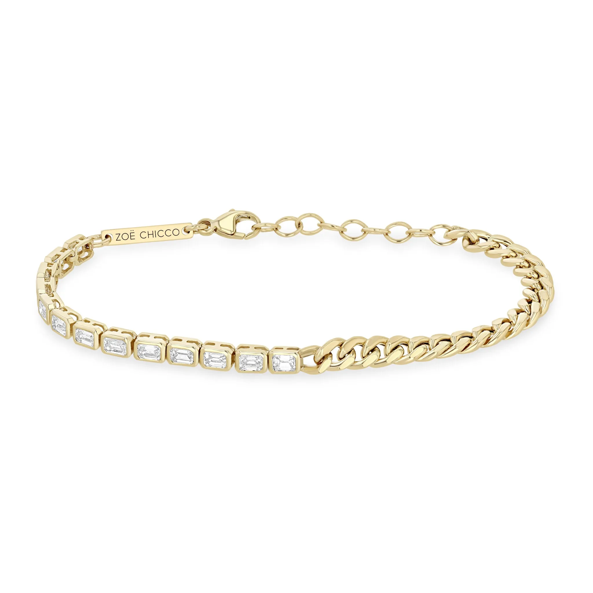 14k Curb Chain & Emerald Cut Diamond Half Tennis Bracelet sold by Zoe Chicco