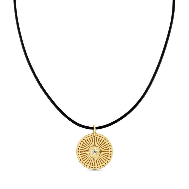 14k Small Sunbeam Medallion Leather Cord Necklace made by Zoe Chicco