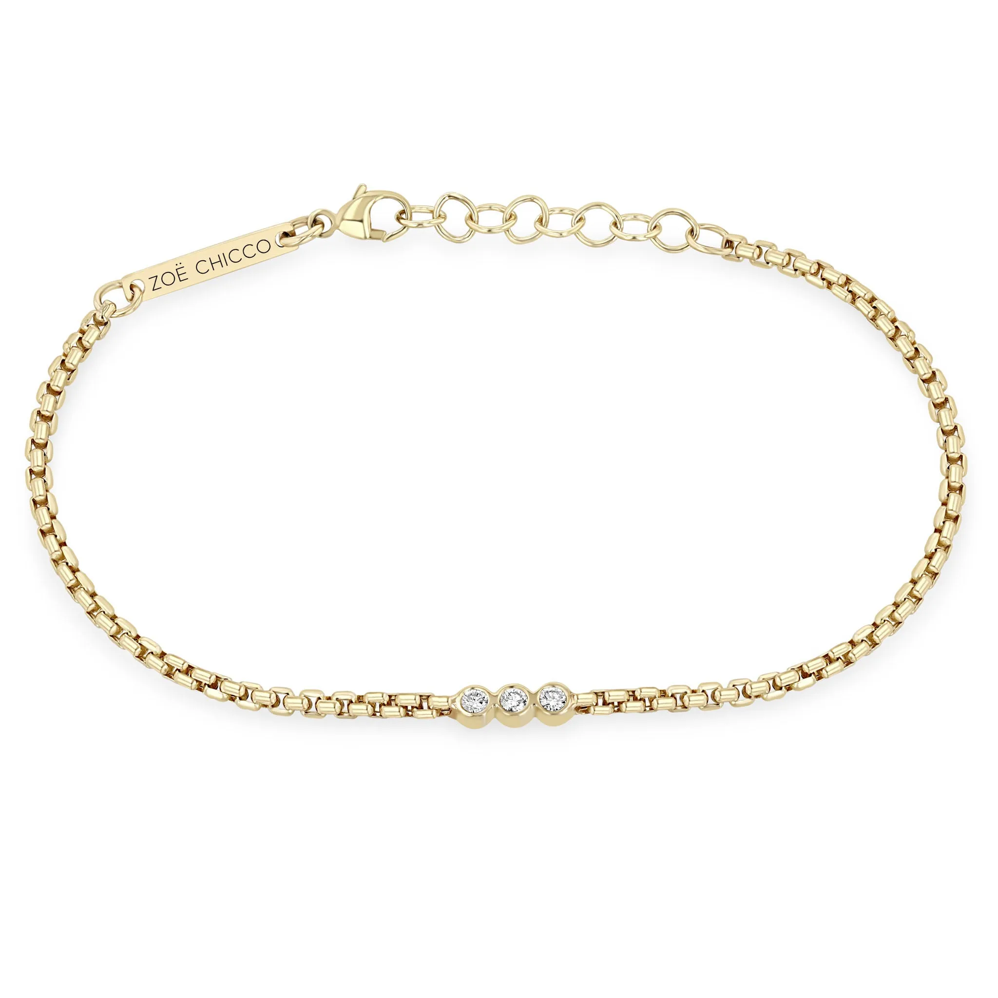 14k 3 Diamond Bezel Small Box Chain Bracelet sold by Zoe Chicco