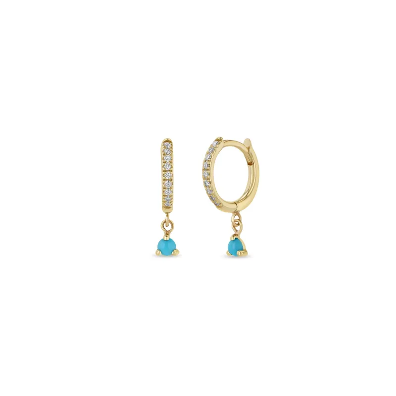 14k Dangling Turquoise Small Pavé Diamond Hinge Huggie Hoops sold by Zoe Chicco