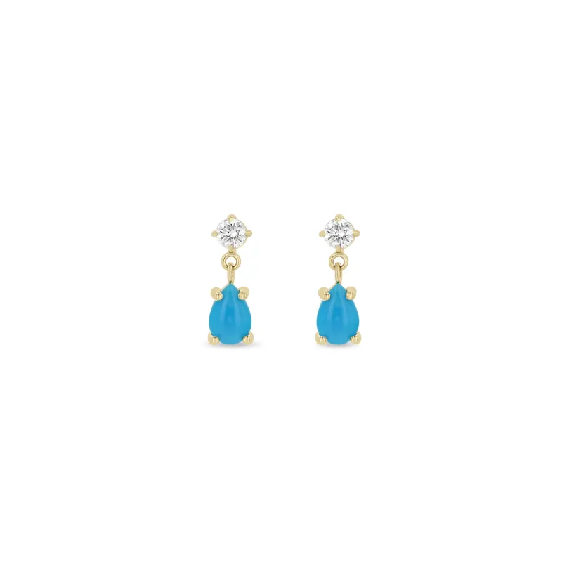 14k Pear Turquoise & Prong Diamond Drop Earrings sold by Zoe Chicco