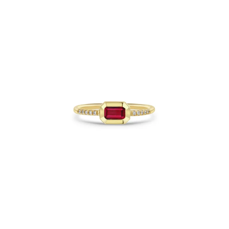 14k Emerald Cut Ruby Bezel Pavé Diamond Band Ring sold by Zoe Chicco