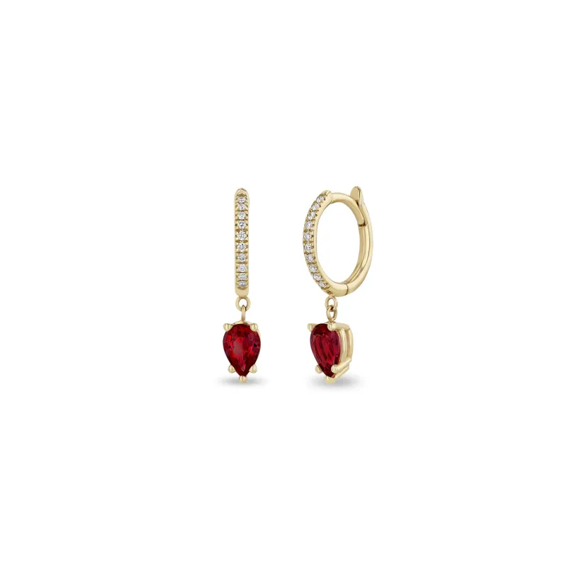 14k Medium Pavé Diamond Hinge Huggie Hoops with Pear Rubies sold by Zoe Chicco