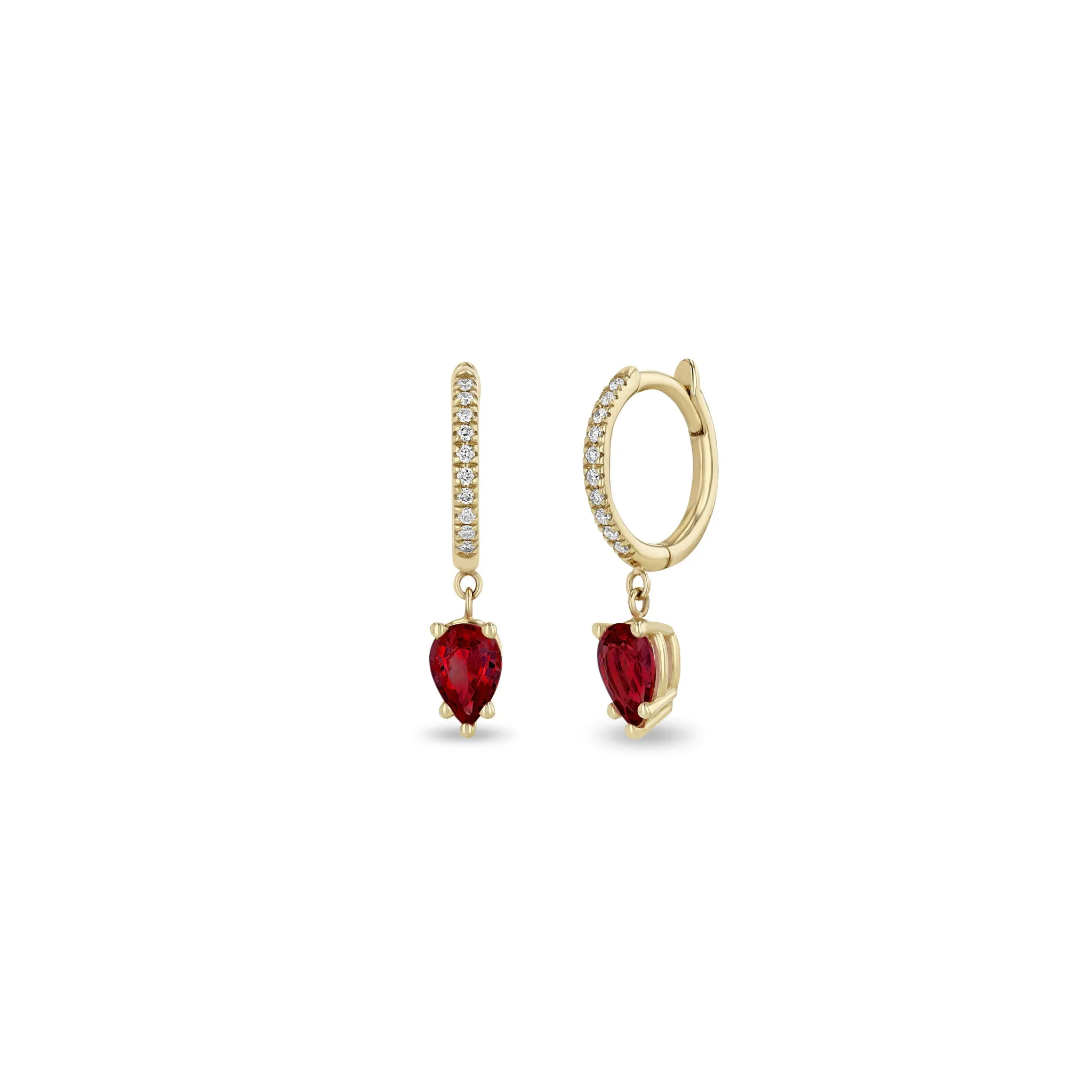 14k Medium Pavé Diamond Hinge Huggie Hoops with Pear Rubies sold by Zoe Chicco