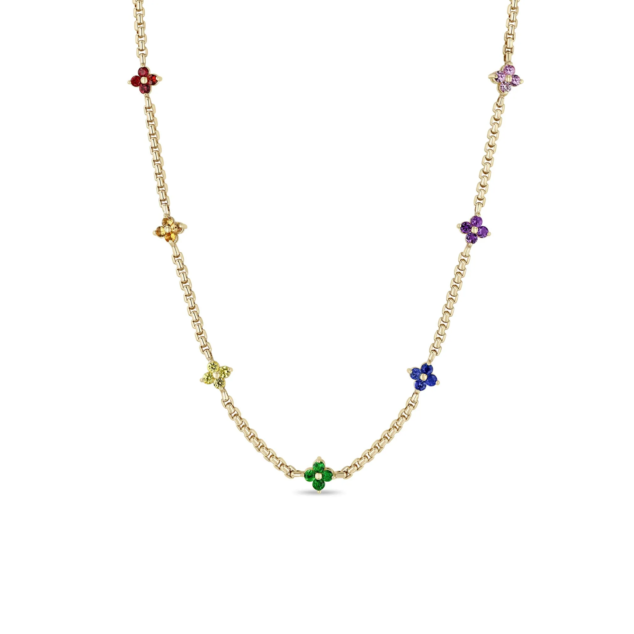 14k Rainbow Sapphire Quad Station Box Chain Necklace sold by Zoe Chicco
