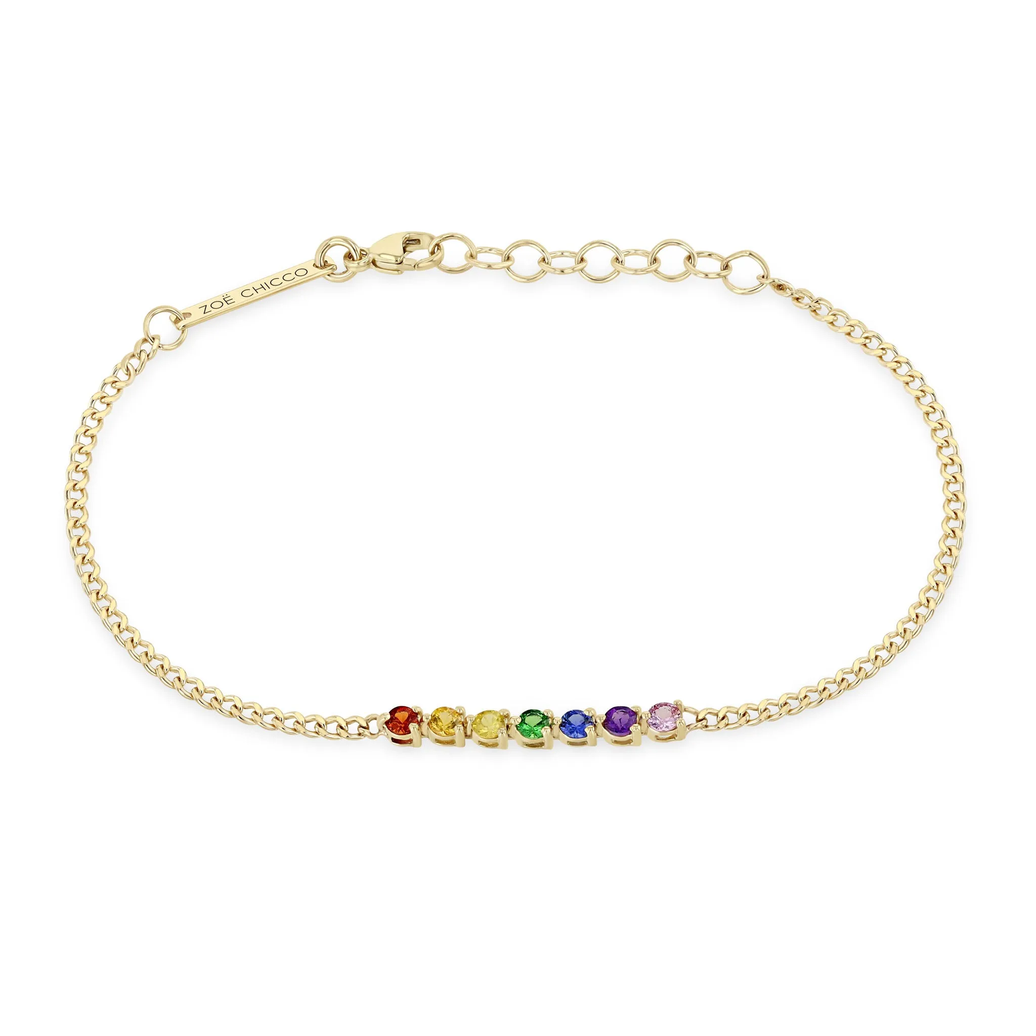 14k 7 Rainbow Sapphire Tennis Segment XS Curb Chain Bracelet sold by Zoe Chicco