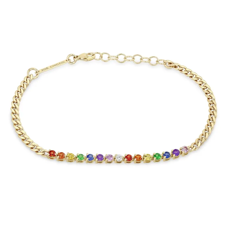 14k Rainbow Sapphire Tennis Segment Small Curb Chain Bracelet sold by Zoe Chicco