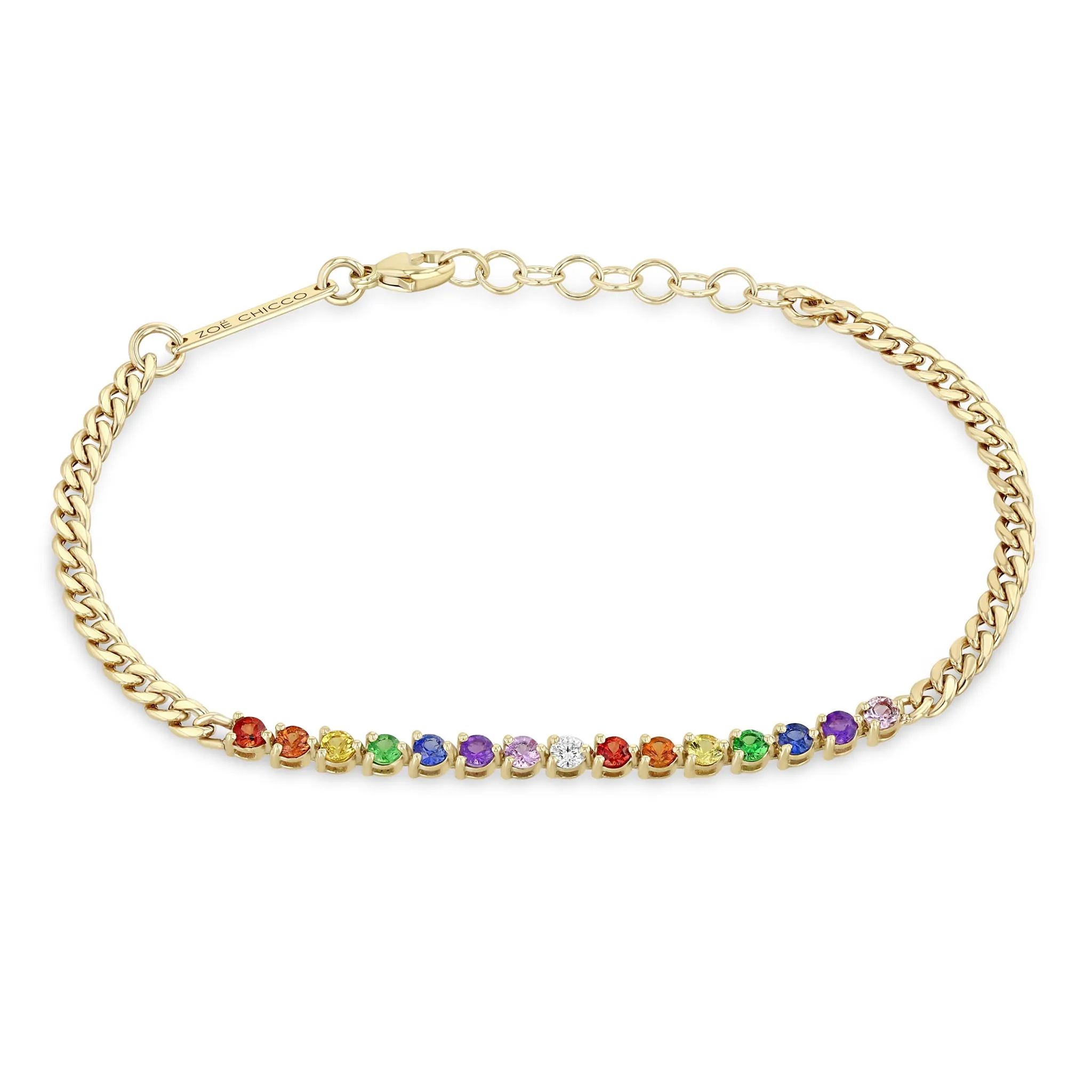 14k Rainbow Sapphire Tennis Segment Small Curb Chain Bracelet sold by Zoe Chicco