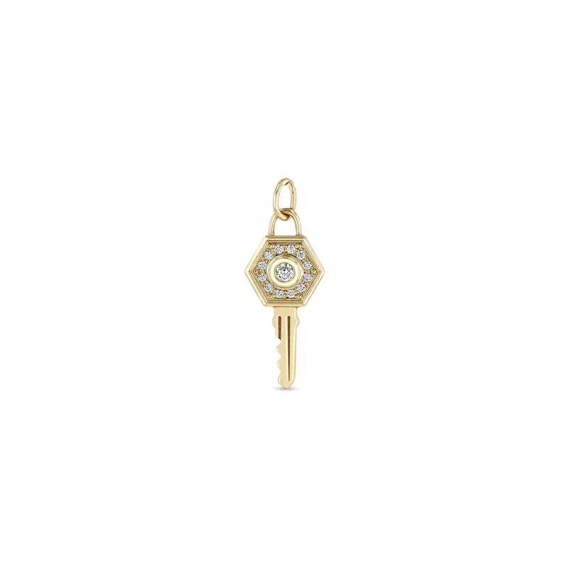 14k Single Diamond Hexagon Halo Key Charm Pendant sold by Zoe Chicco