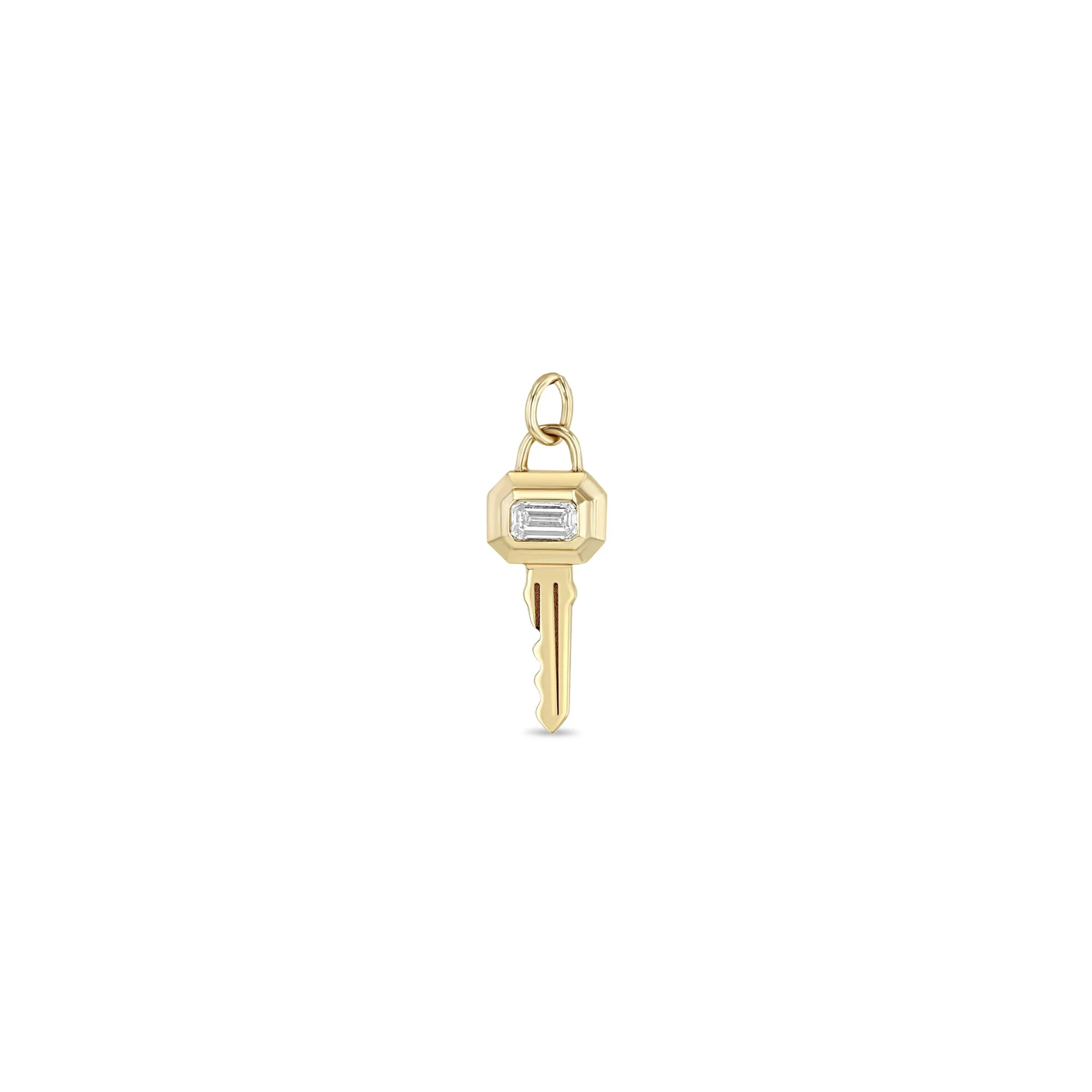 14k Single Emerald Cut Diamond Bezel Key Charm Pendant sold by Zoe Chicco