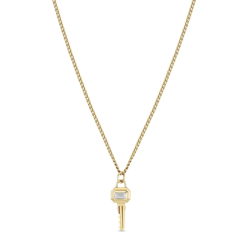 14k Emerald Cut Diamond Bezel Key Pendant Necklace sold by Zoe Chicco