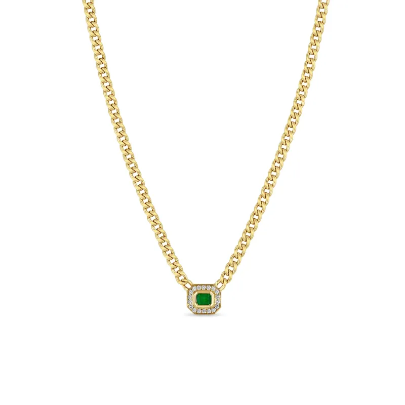 14k Small Curb Chain Emerald Cut Emerald Halo Necklace sold by Zoe Chicco