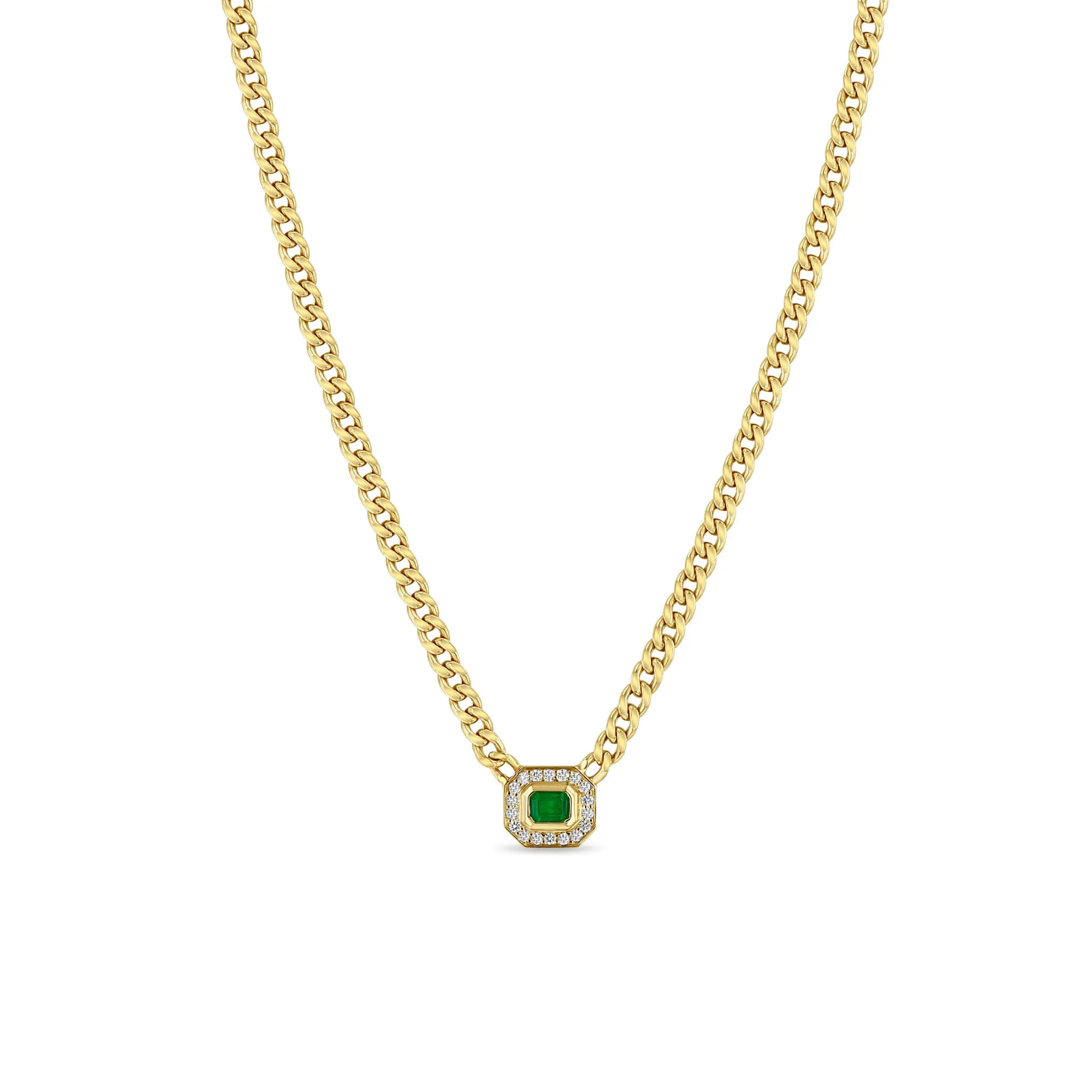 14k Small Curb Chain Emerald Cut Emerald Halo Necklace sold by Zoe Chicco