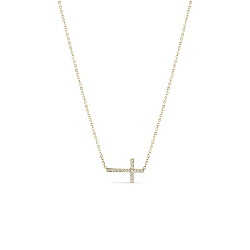 14k Small Horizontal Pavé Diamond Cross Necklace sold by Zoe Chicco