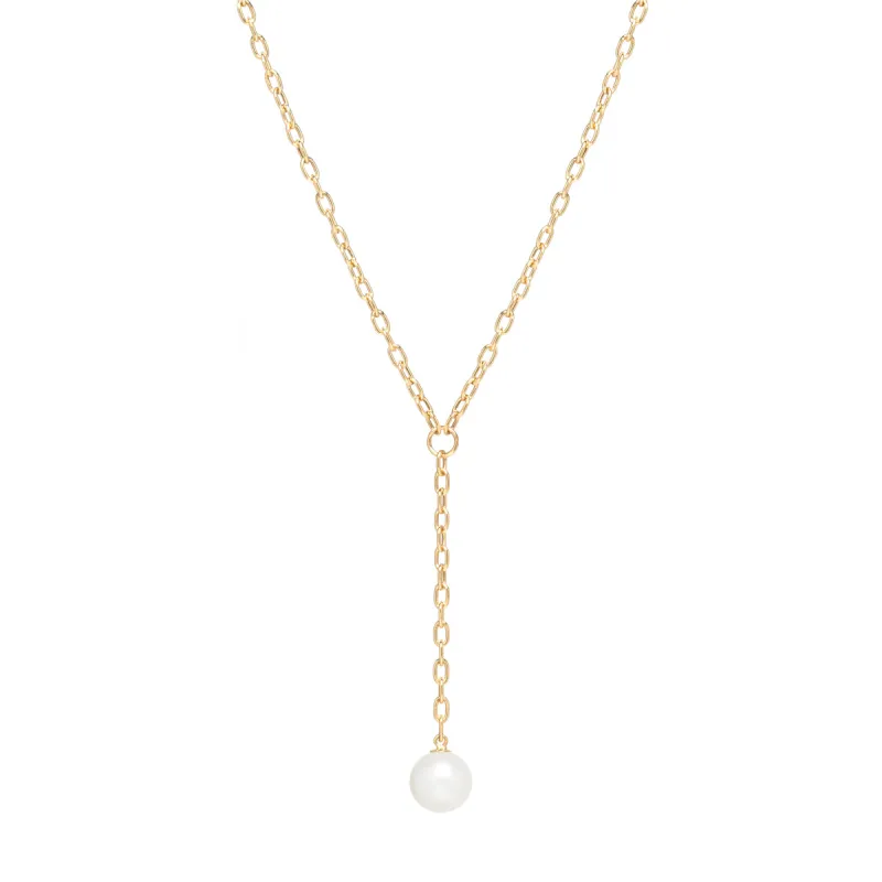 14k Small Square Oval Link Chain Lariat with Pearl Drop - SALE sold by Zoe Chicco