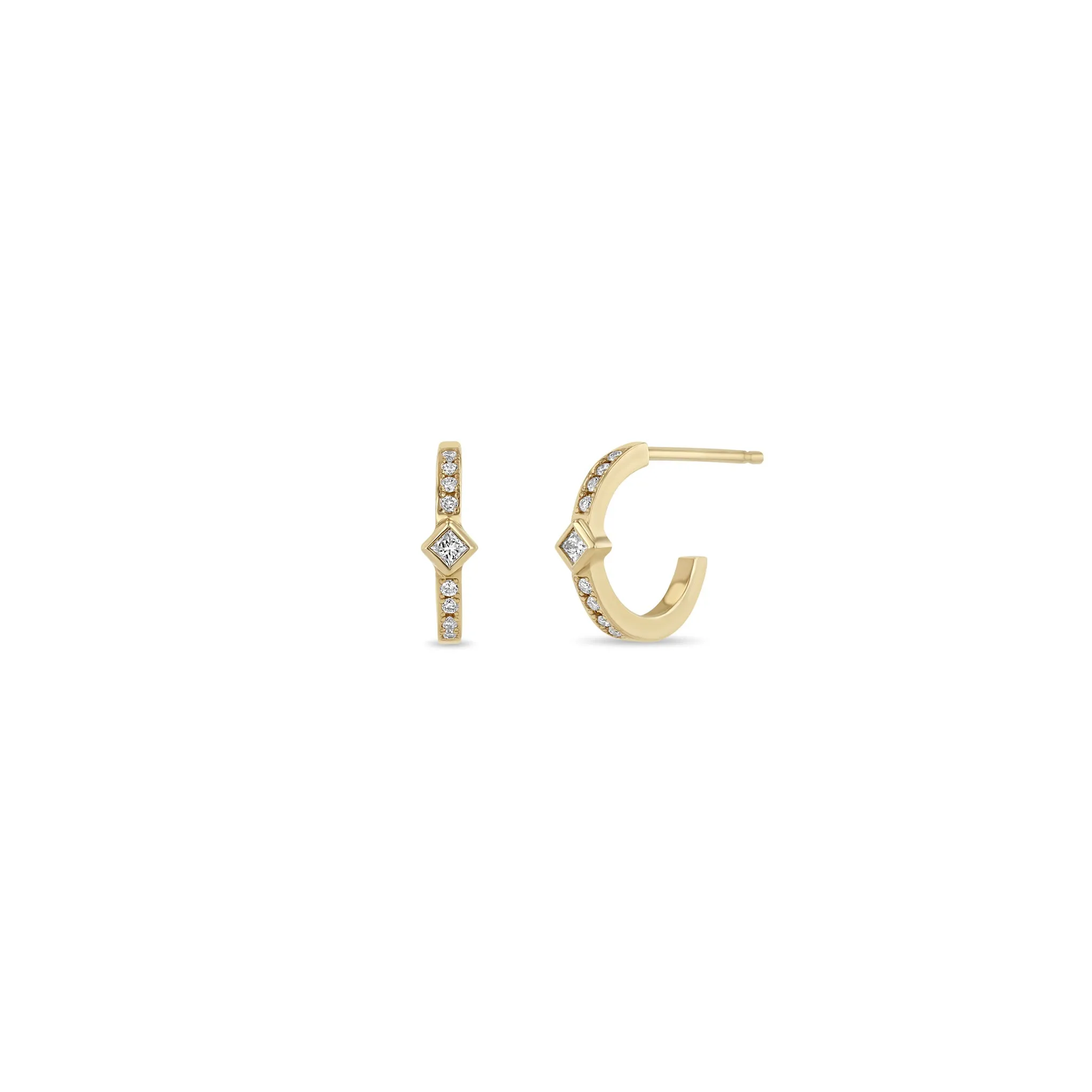 14k Princess Diamond & Diamond Bar Huggie Hoops sold by Zoe Chicco