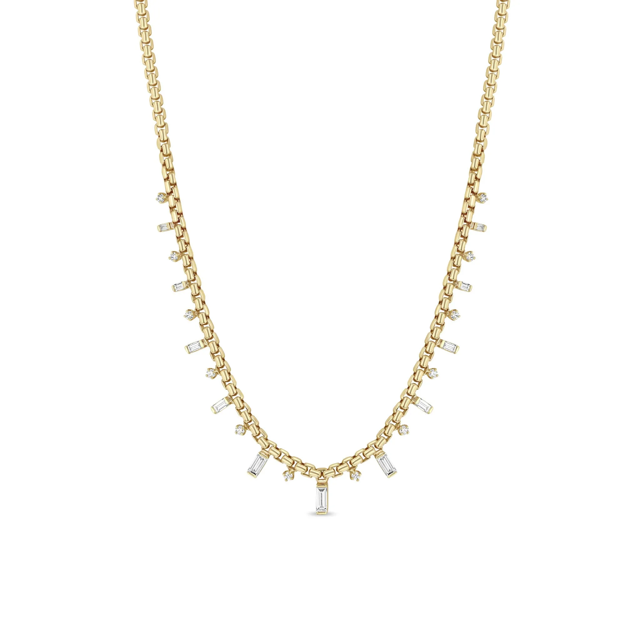 14k Alternating Baguette & Round Diamond Medium Box Chain Necklace sold by Zoe Chicco