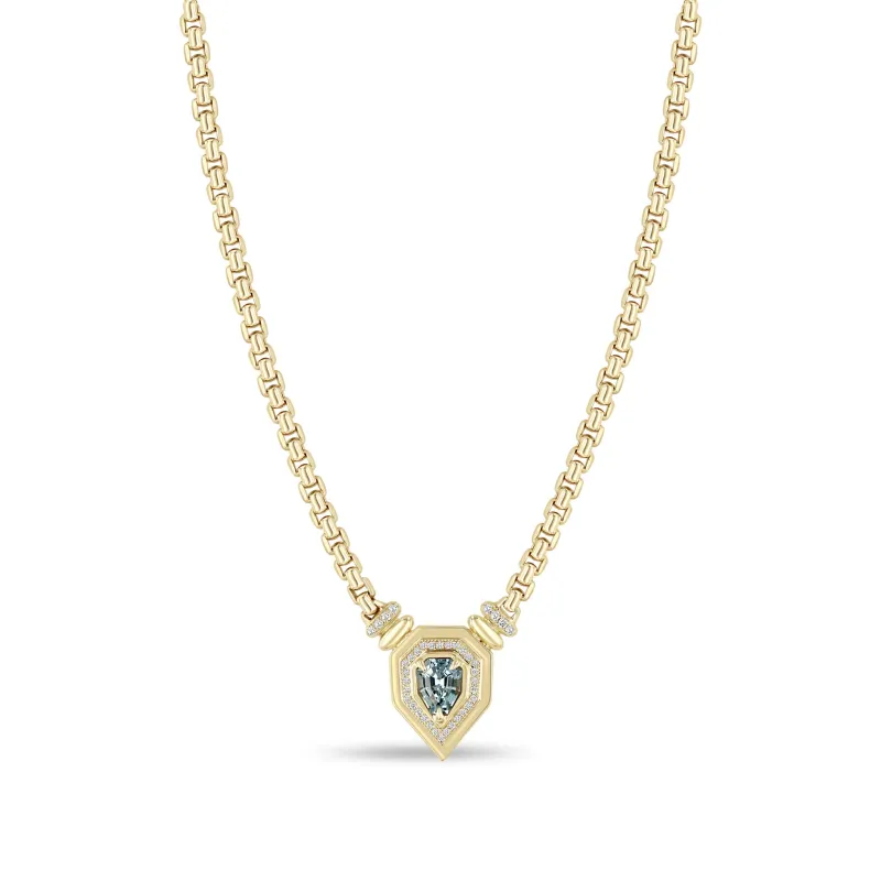 1.32 ctw Shield Blue Sapphire Pavé Diamond Bezel Box Chain Necklace sold by Zoe Chicco