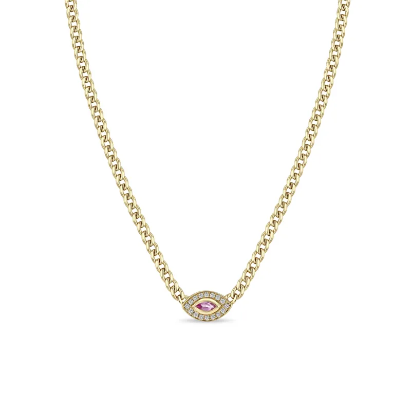 14k Small Curb Chain Marquise Pink Sapphire Halo Necklace sold by Zoe Chicco