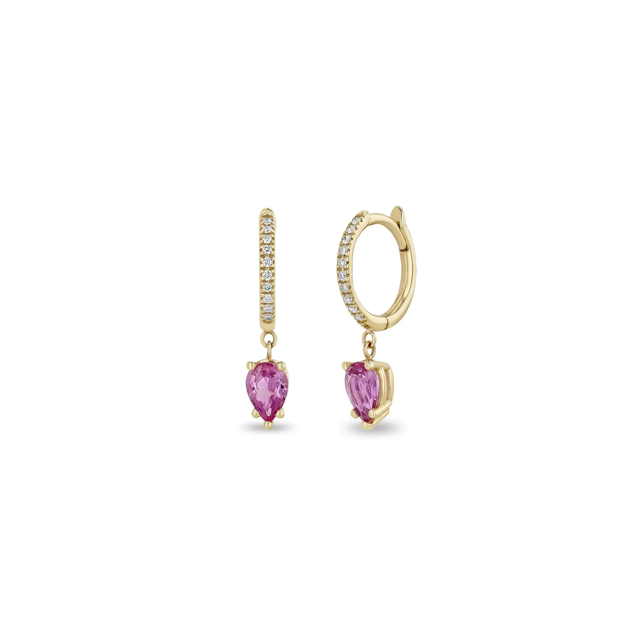14k Medium Pavé Diamond Hinge Huggie Hoops with Pear Pink Sapphires sold by Zoe Chicco
