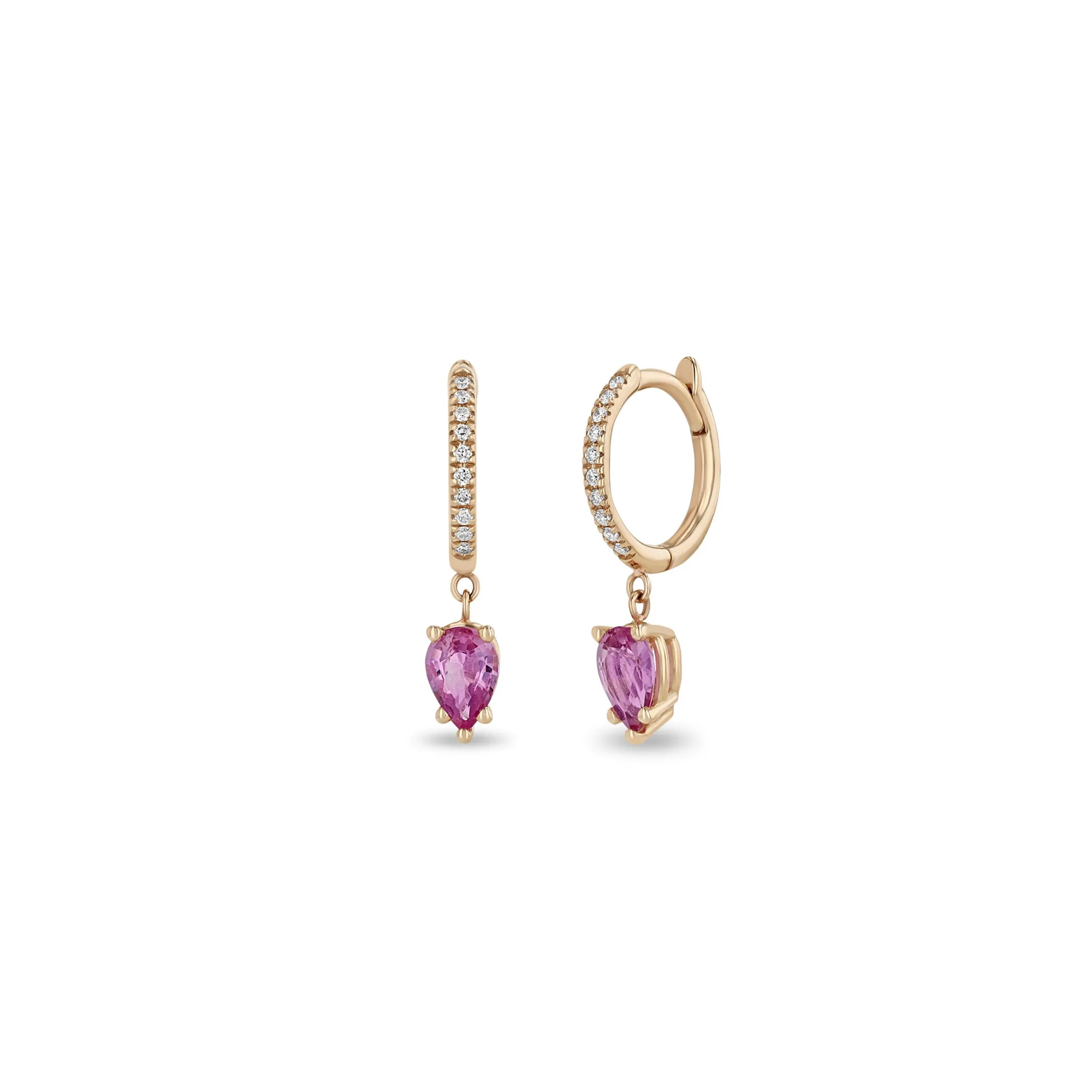 14k Medium Pavé Diamond Hinge Huggie Hoops with Pear Pink Sapphires sold by Zoe Chicco product image thumbnail 3
