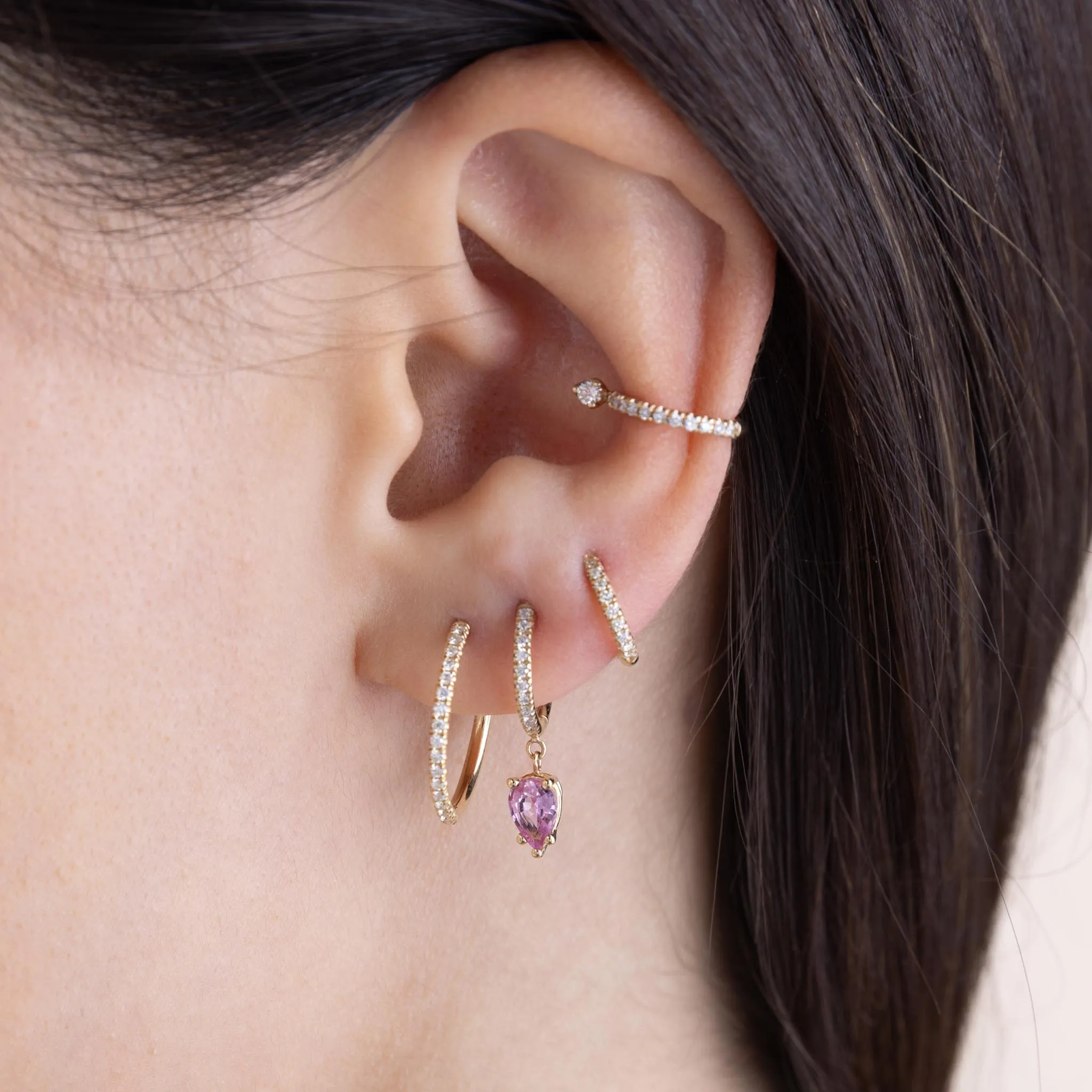 14k Medium Pavé Diamond Hinge Huggie Hoops with Pear Pink Sapphires sold by Zoe Chicco product image thumbnail 2