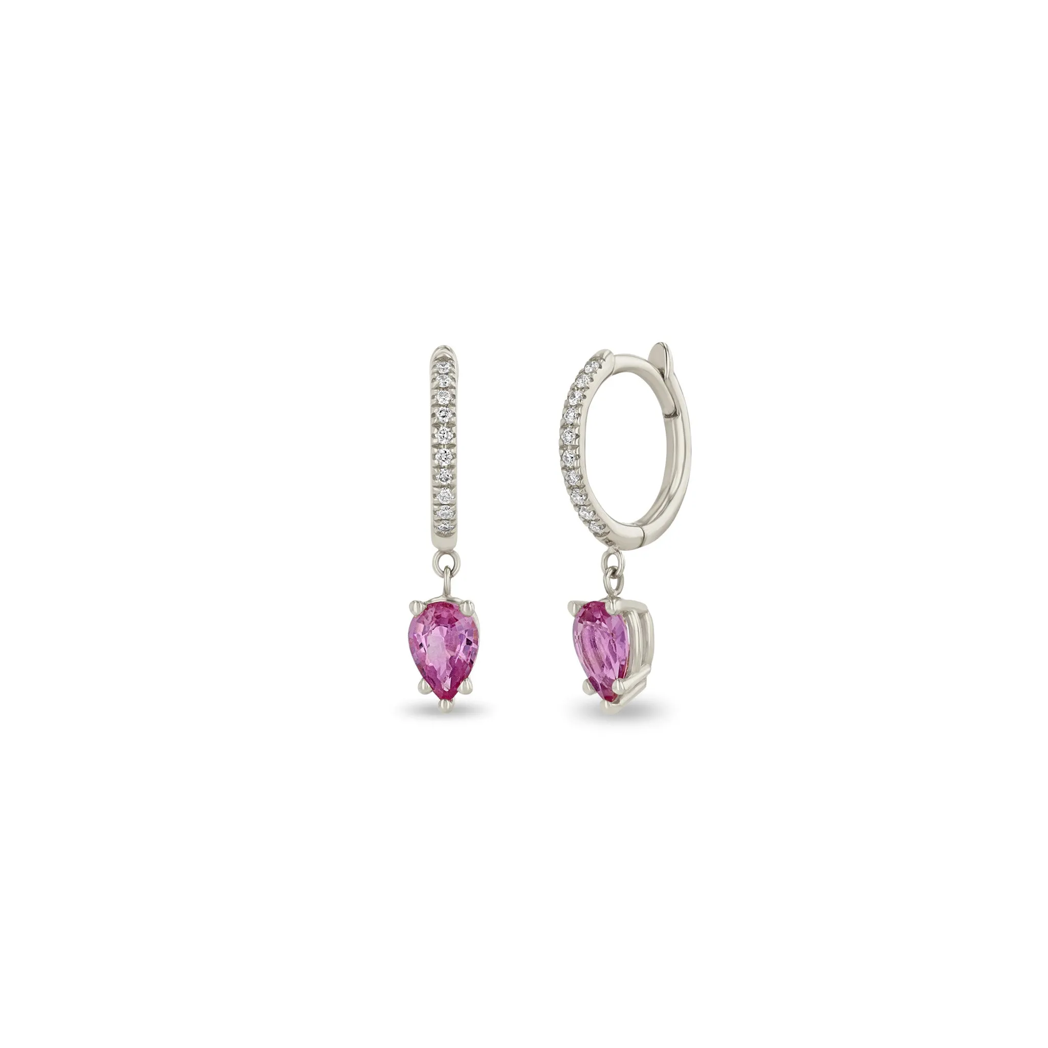 14k Medium Pavé Diamond Hinge Huggie Hoops with Pear Pink Sapphires sold by Zoe Chicco product image thumbnail 4