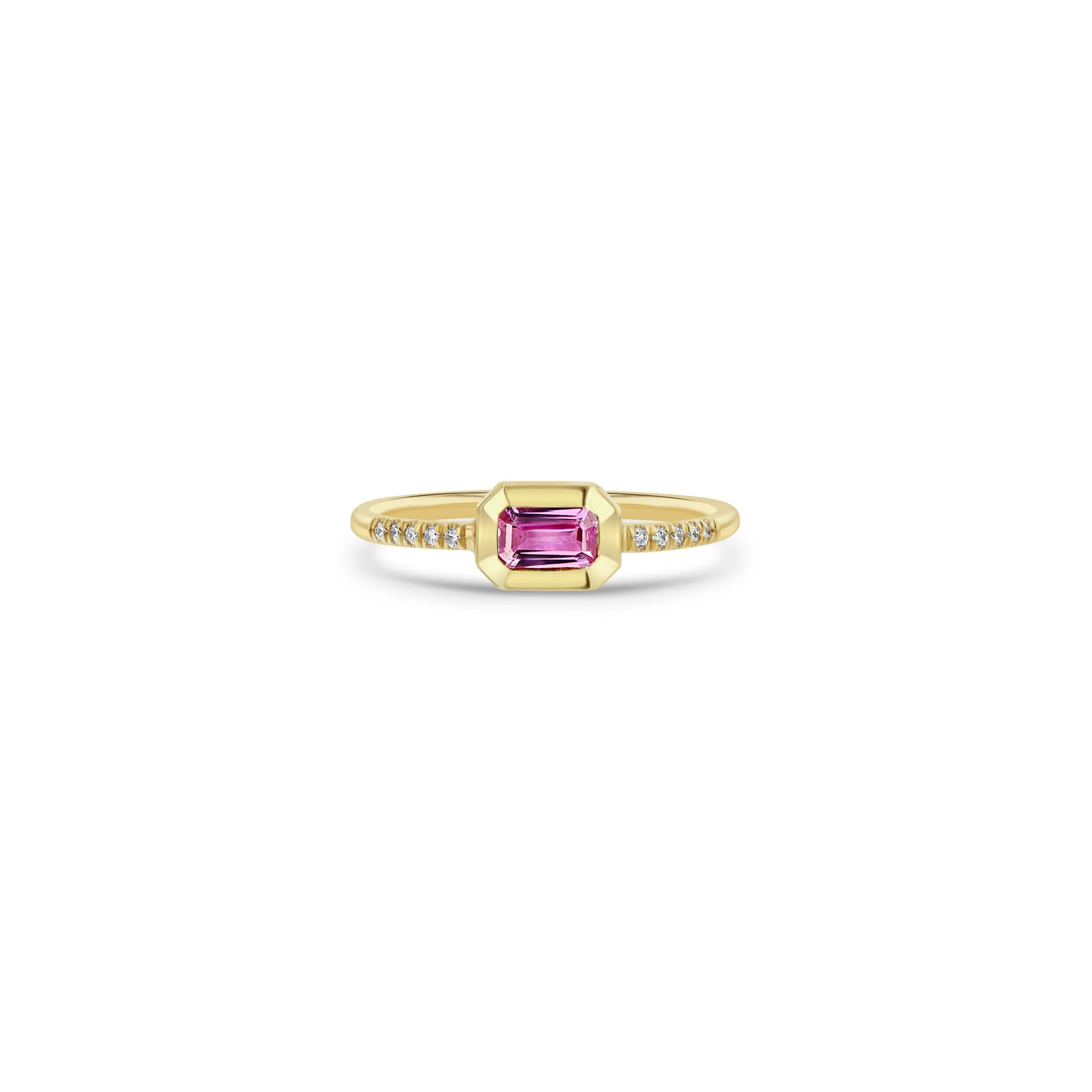 14k Emerald Cut Pink Sapphire Bezel Pavé Diamond Band Ring sold by Zoe Chicco